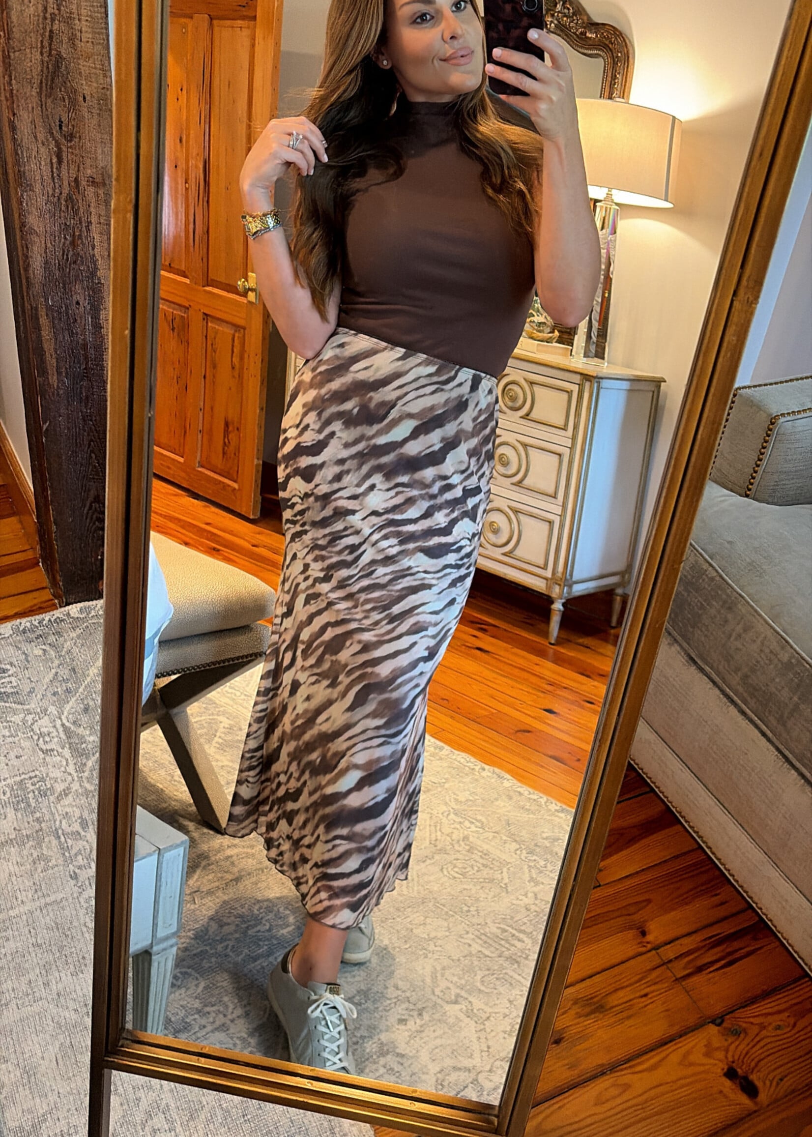 HYVE Taupe Tiger Print Maxi Skirt