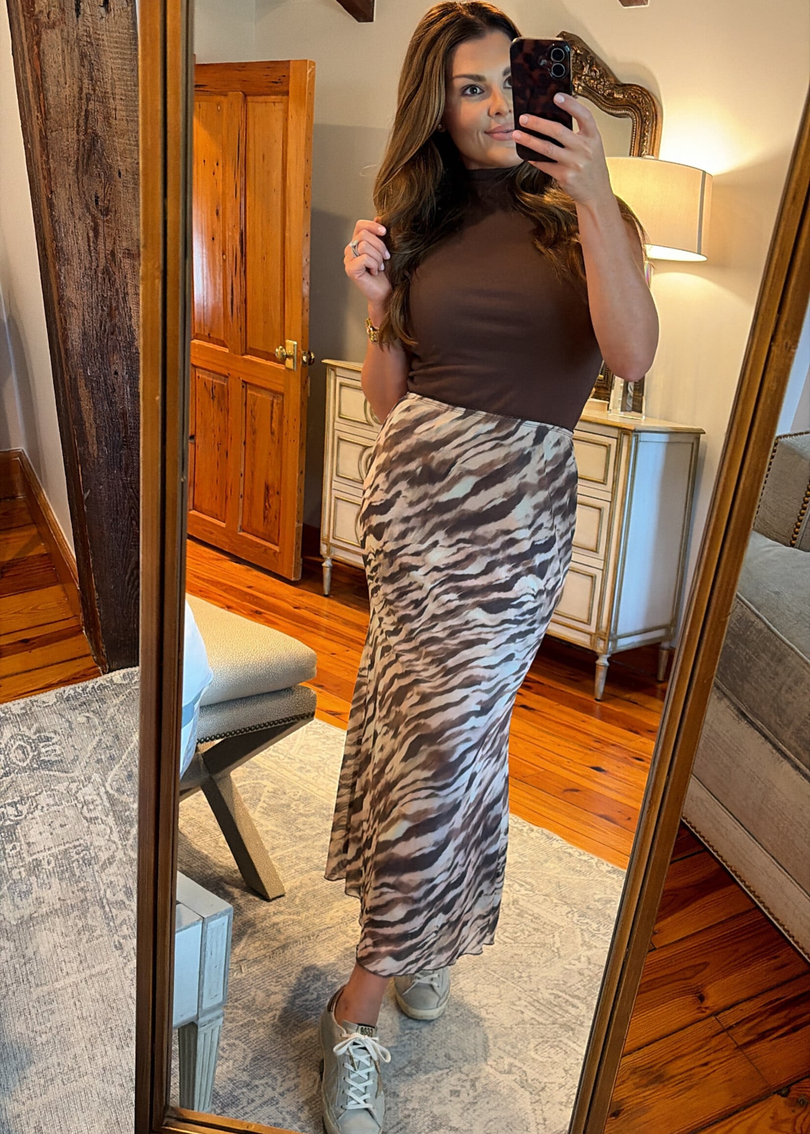 HYVE Taupe Tiger Print Maxi Skirt