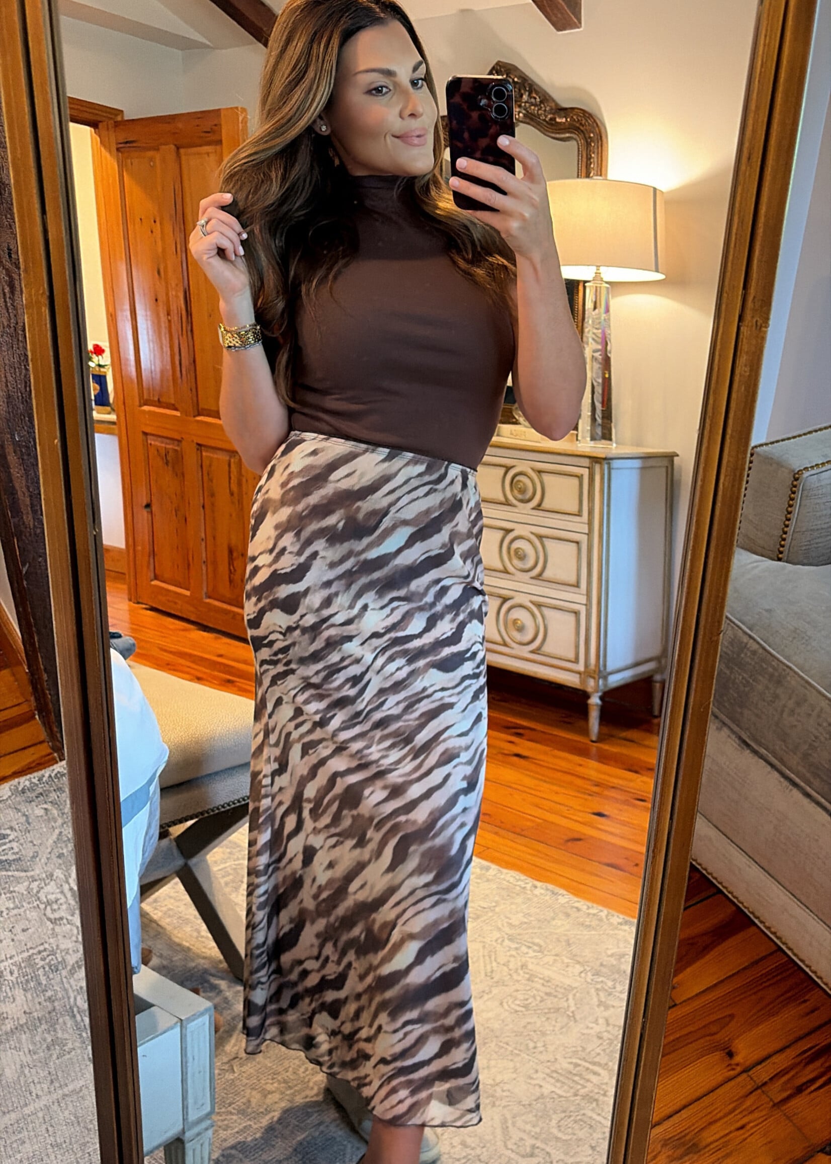 HYVE Taupe Tiger Print Maxi Skirt