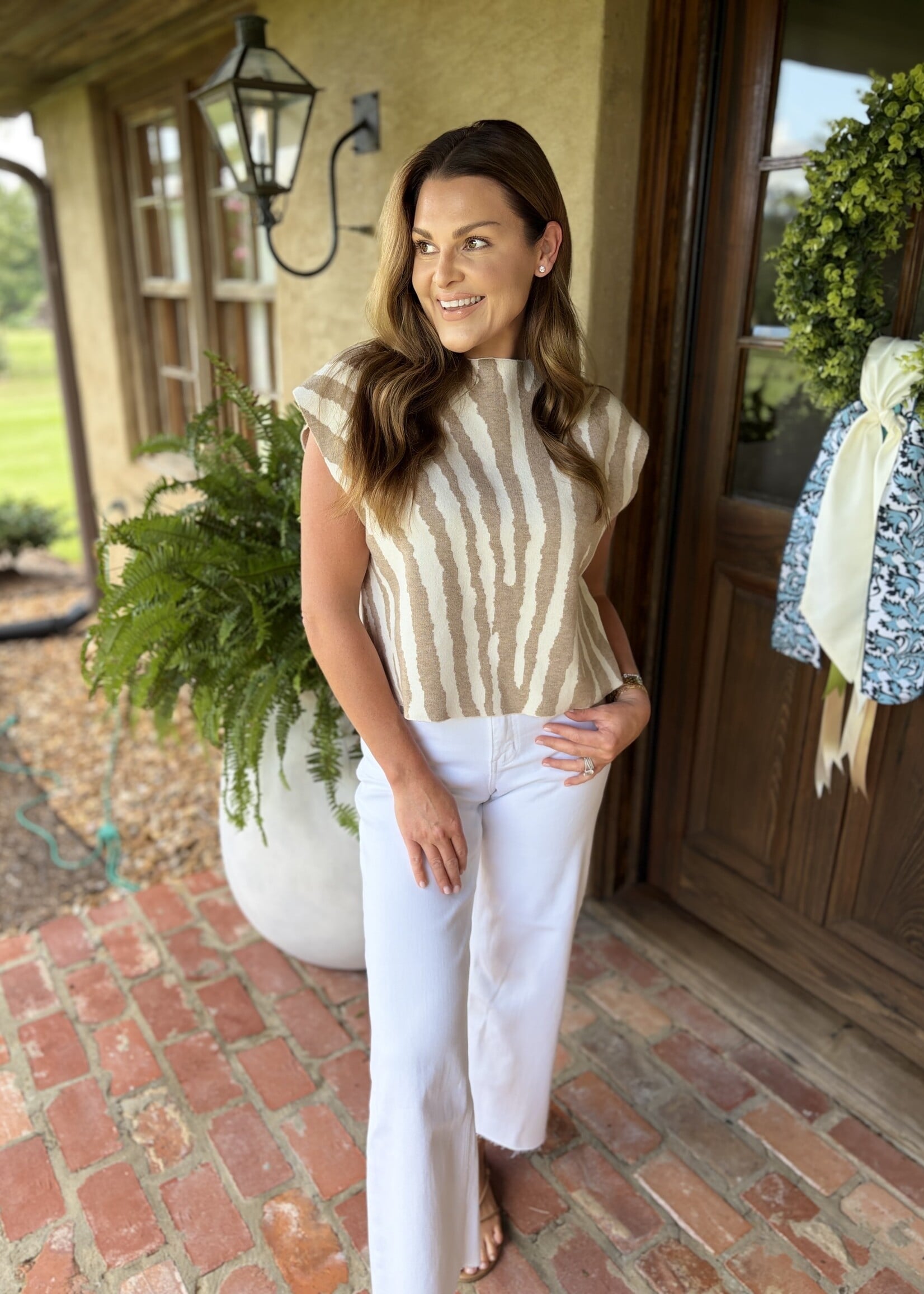 day + moon Tan Tiger Mock Neck Sweater Top