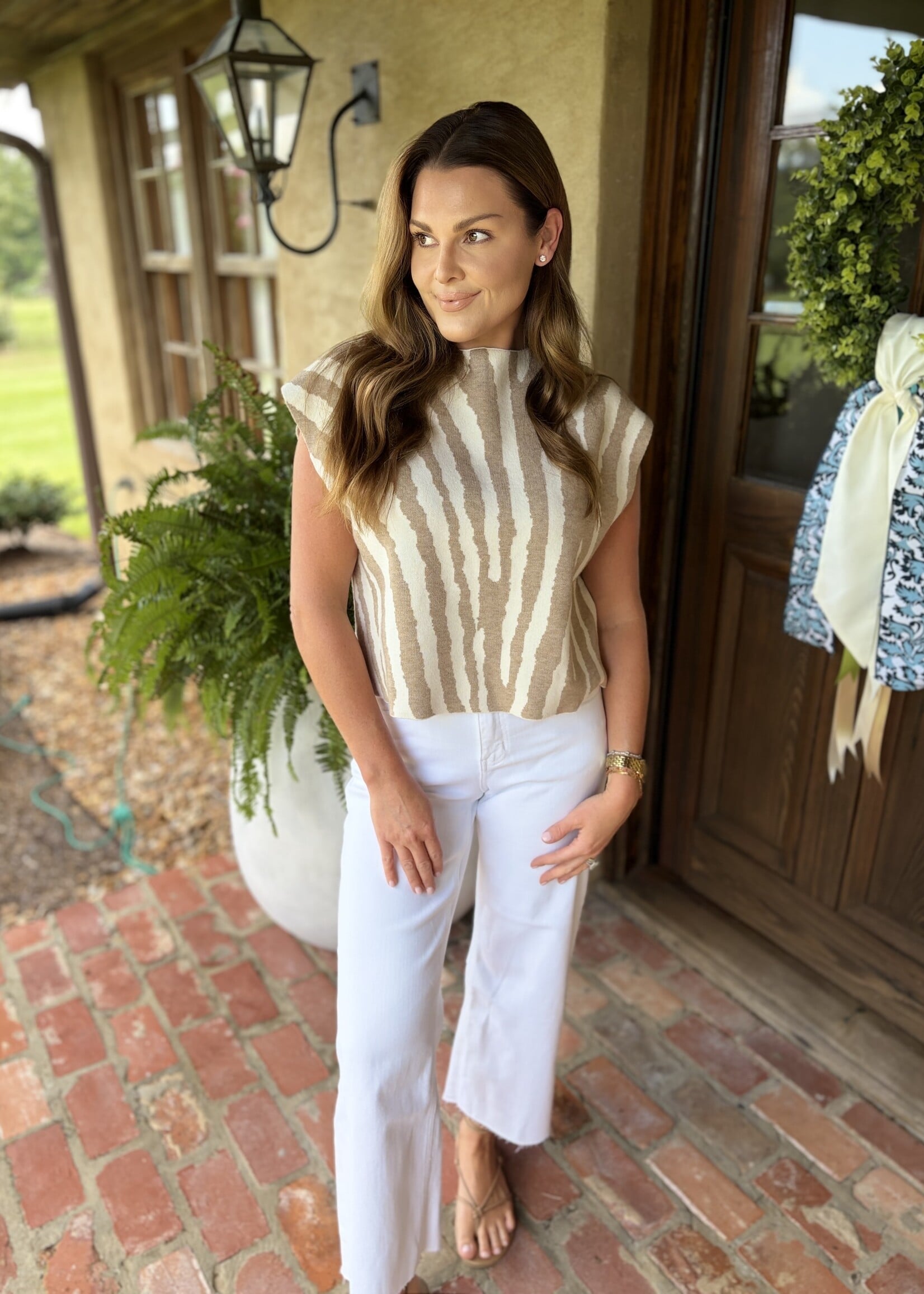 day + moon Tan Tiger Mock Neck Sweater Top