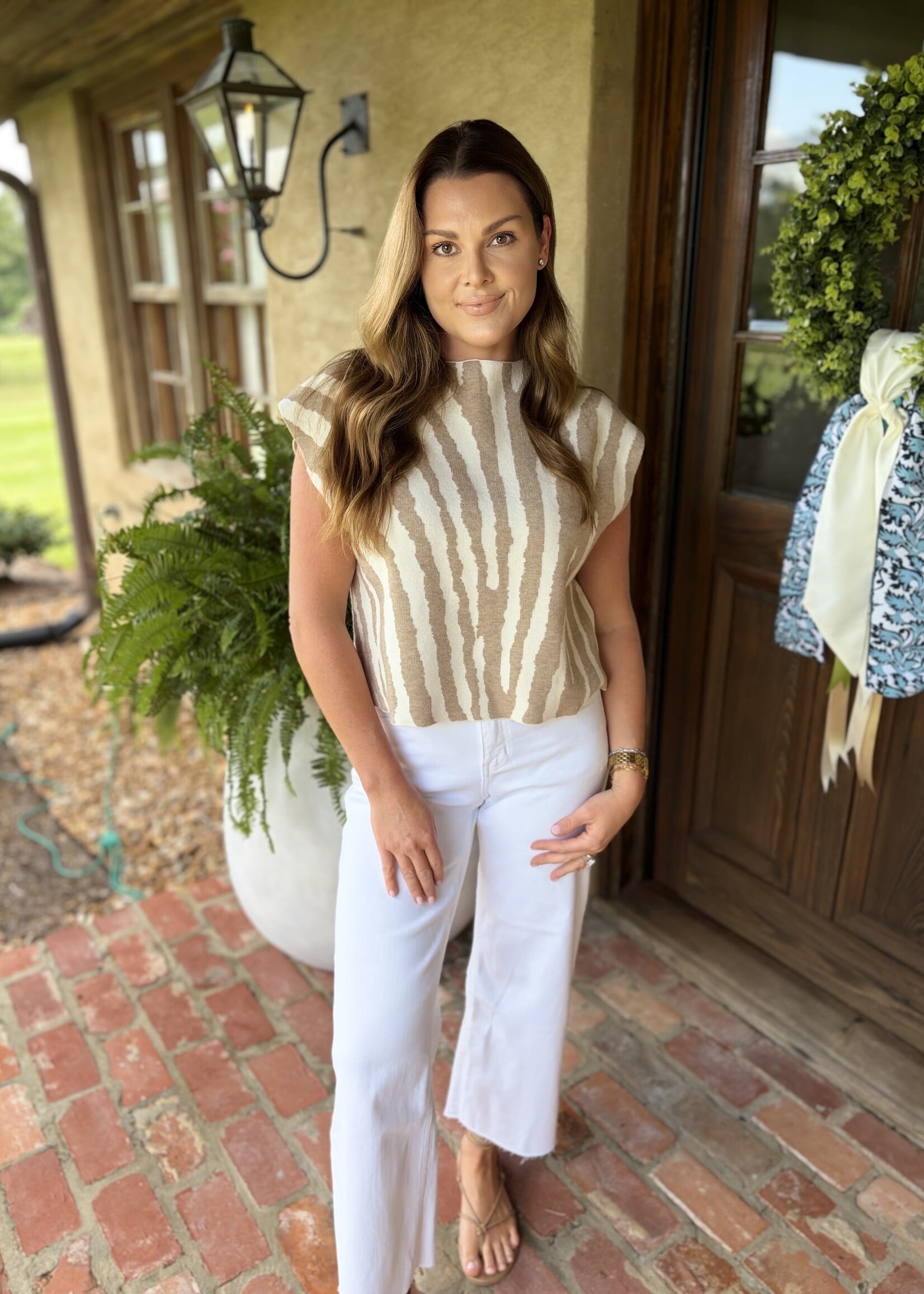 day + moon Tan Tiger Mock Neck Sweater Top