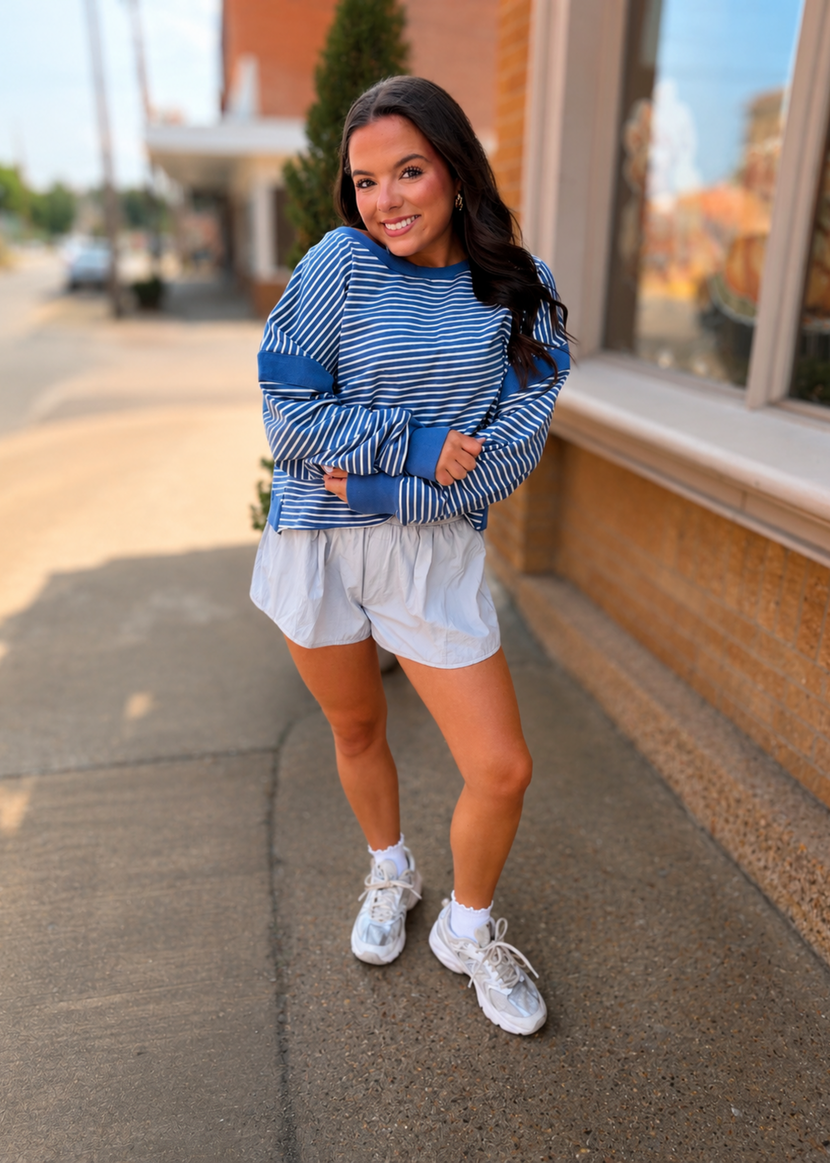 KIMBERLY C Blue & White Striped Cutout Back Sweatshirt