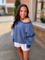 KIMBERLY C Blue & White Striped Cutout Back Sweatshirt