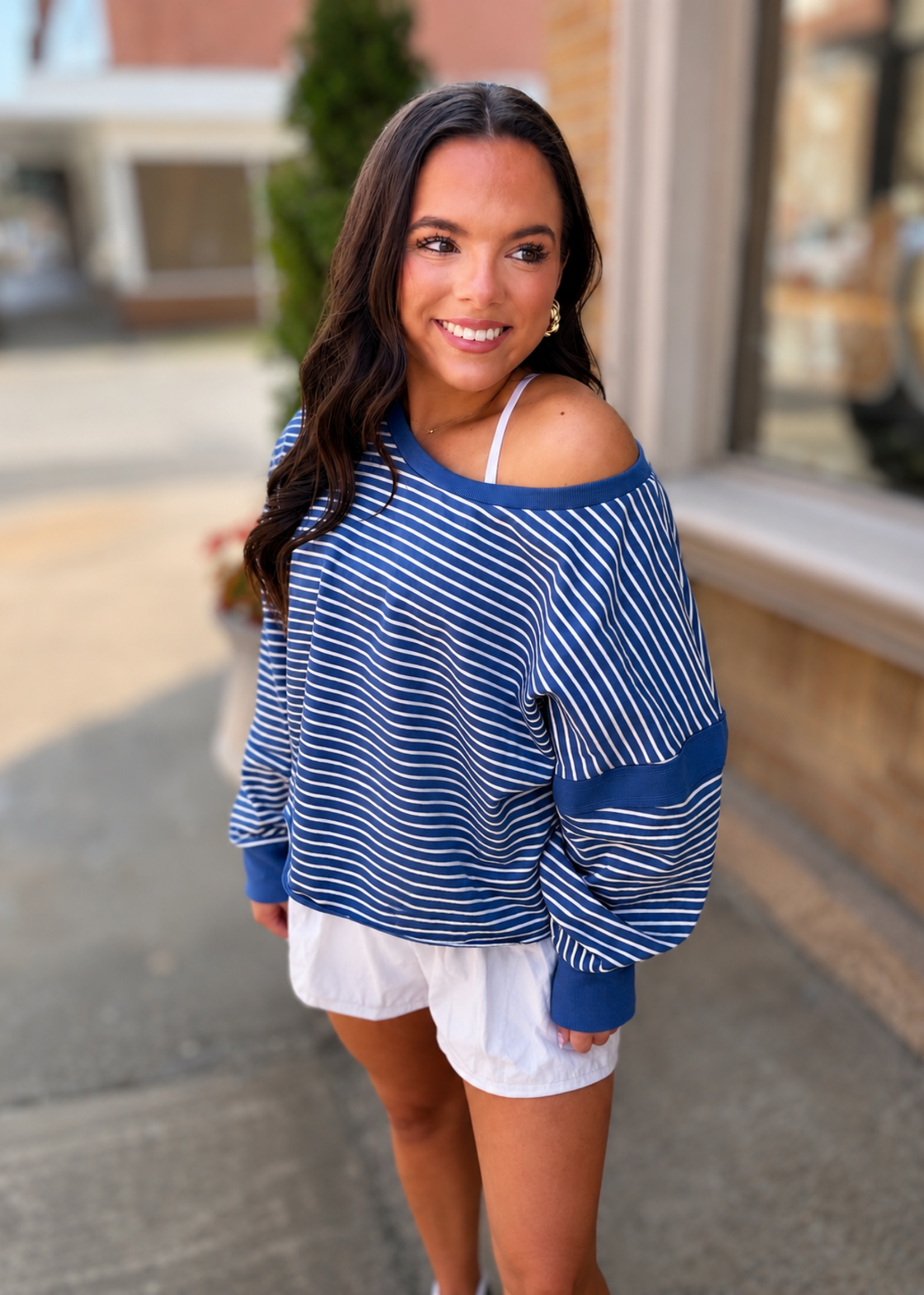 KIMBERLY C Blue & White Striped Cutout Back Sweatshirt