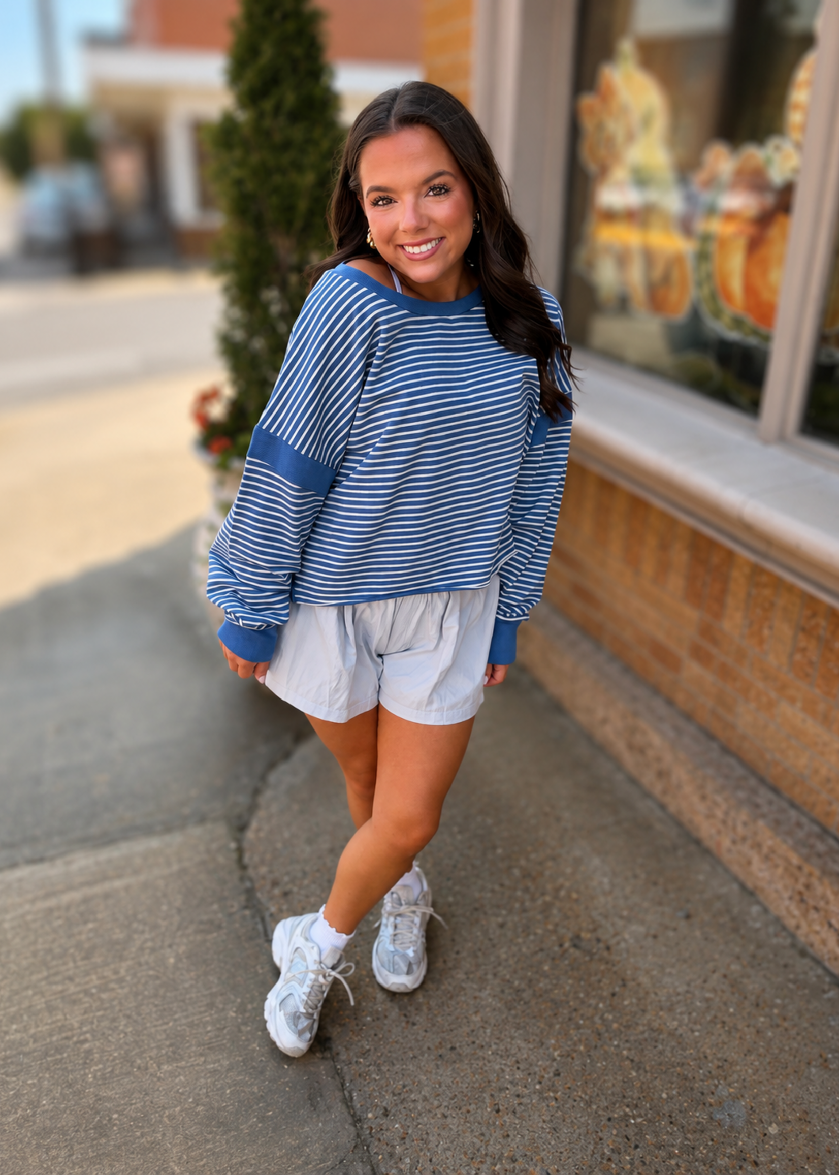 KIMBERLY C Blue & White Striped Cutout Back Sweatshirt