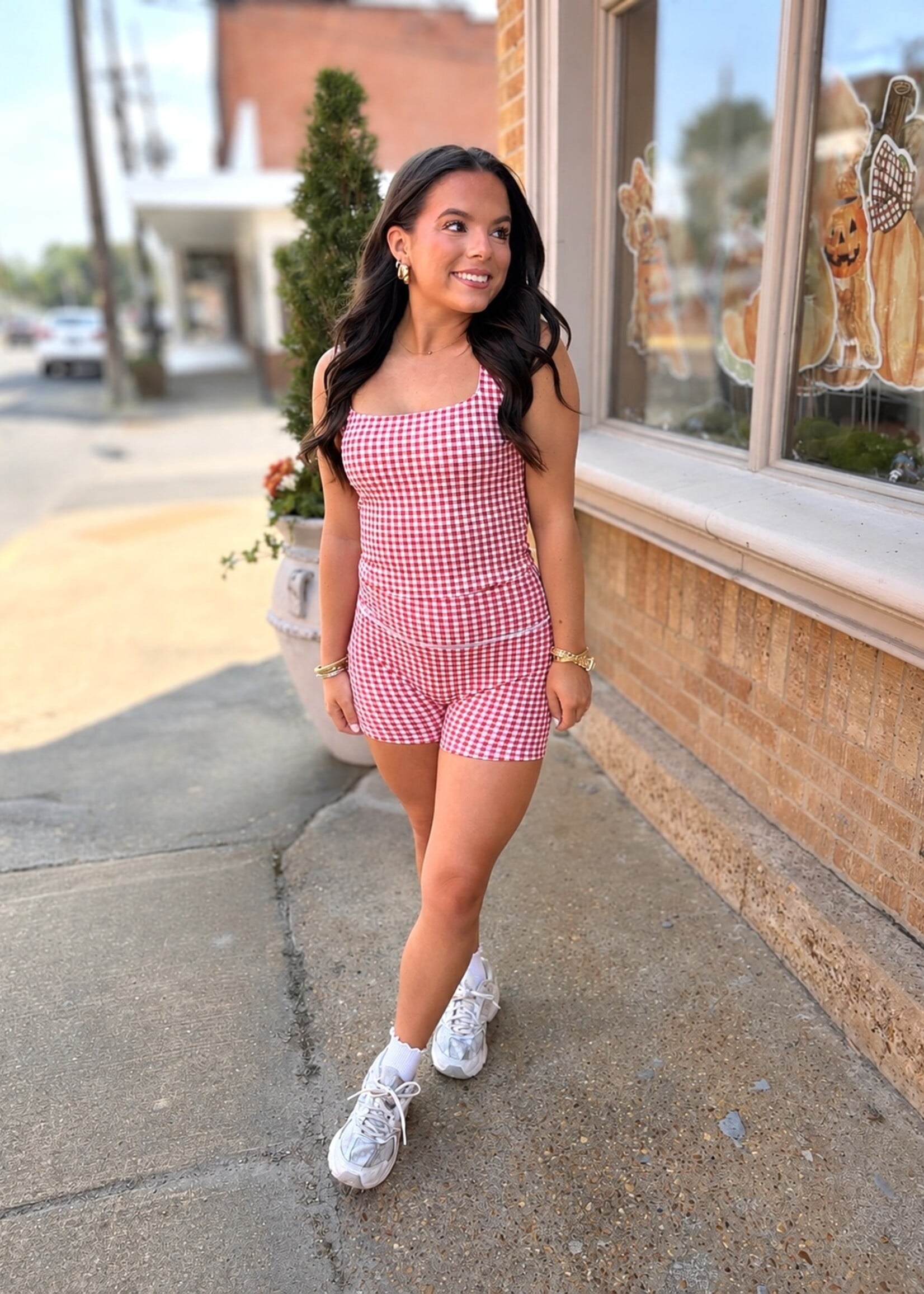 KIMBERLY C Red Gingham Contrast Biker Shorts