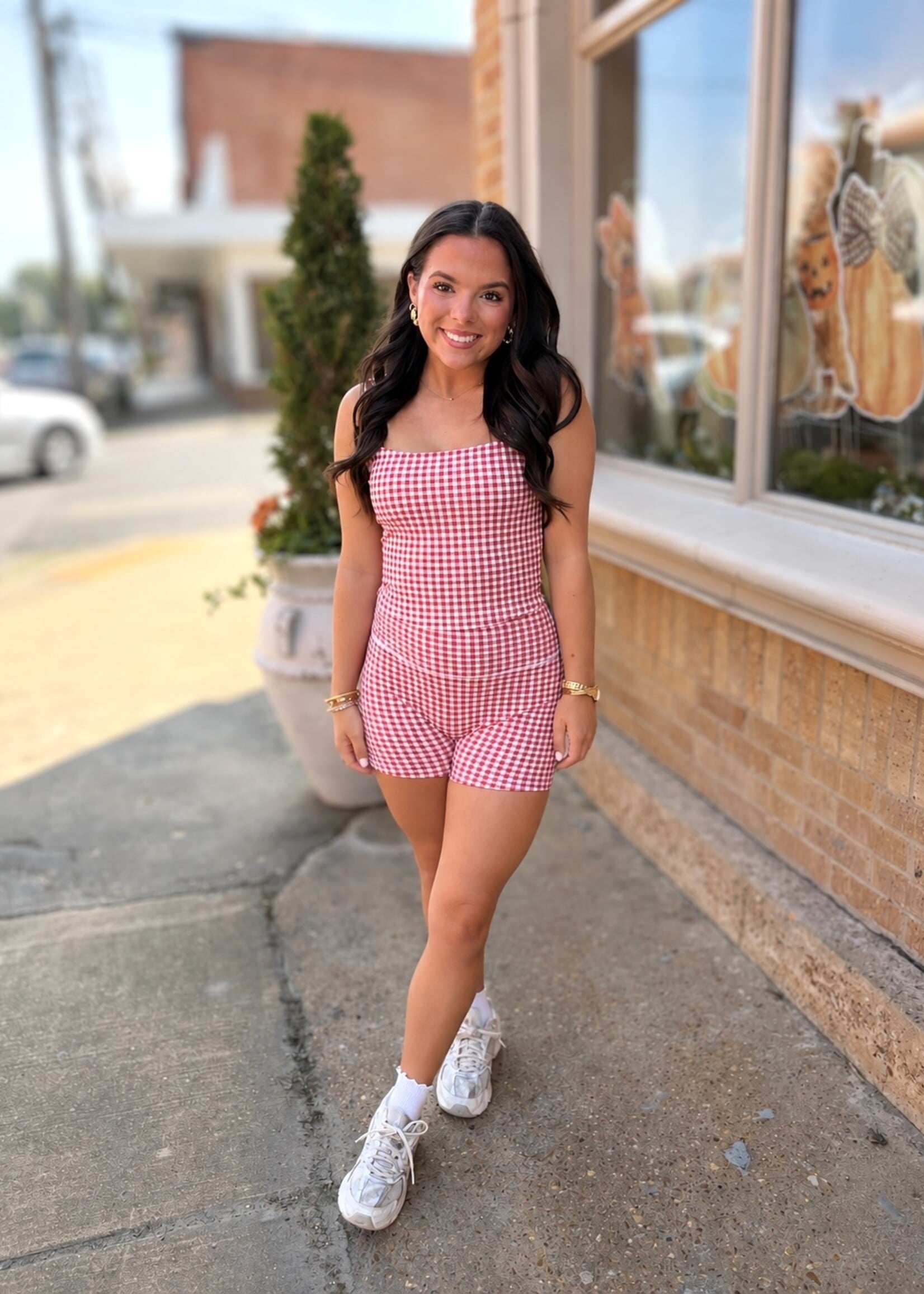 KIMBERLY C Red Gingham Contrast Biker Shorts