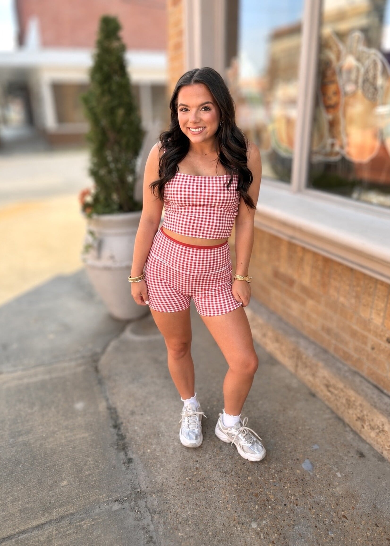 KIMBERLY C Red Gingham Wide Strap Fitted Tank