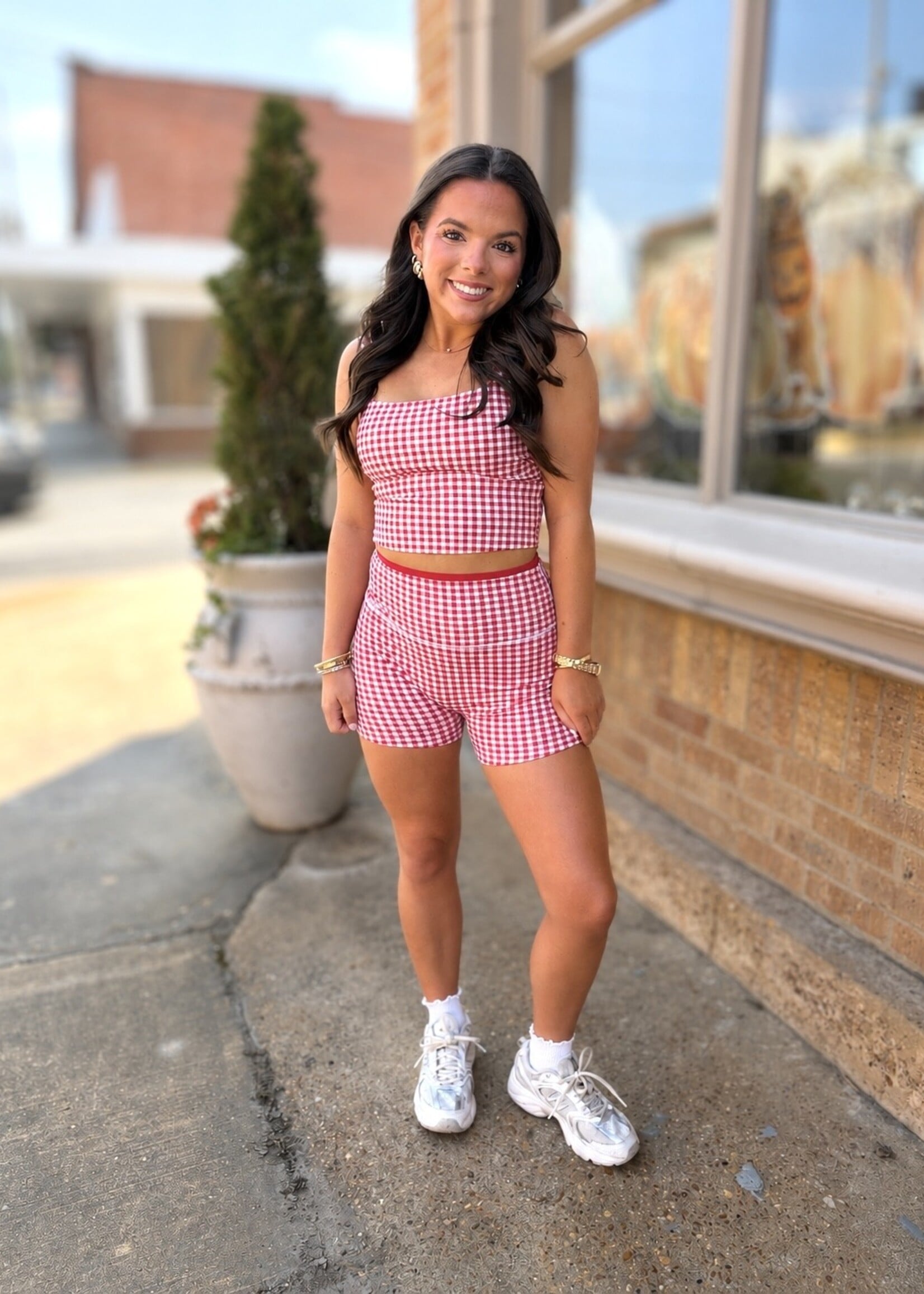 KIMBERLY C Red Gingham Wide Strap Fitted Tank