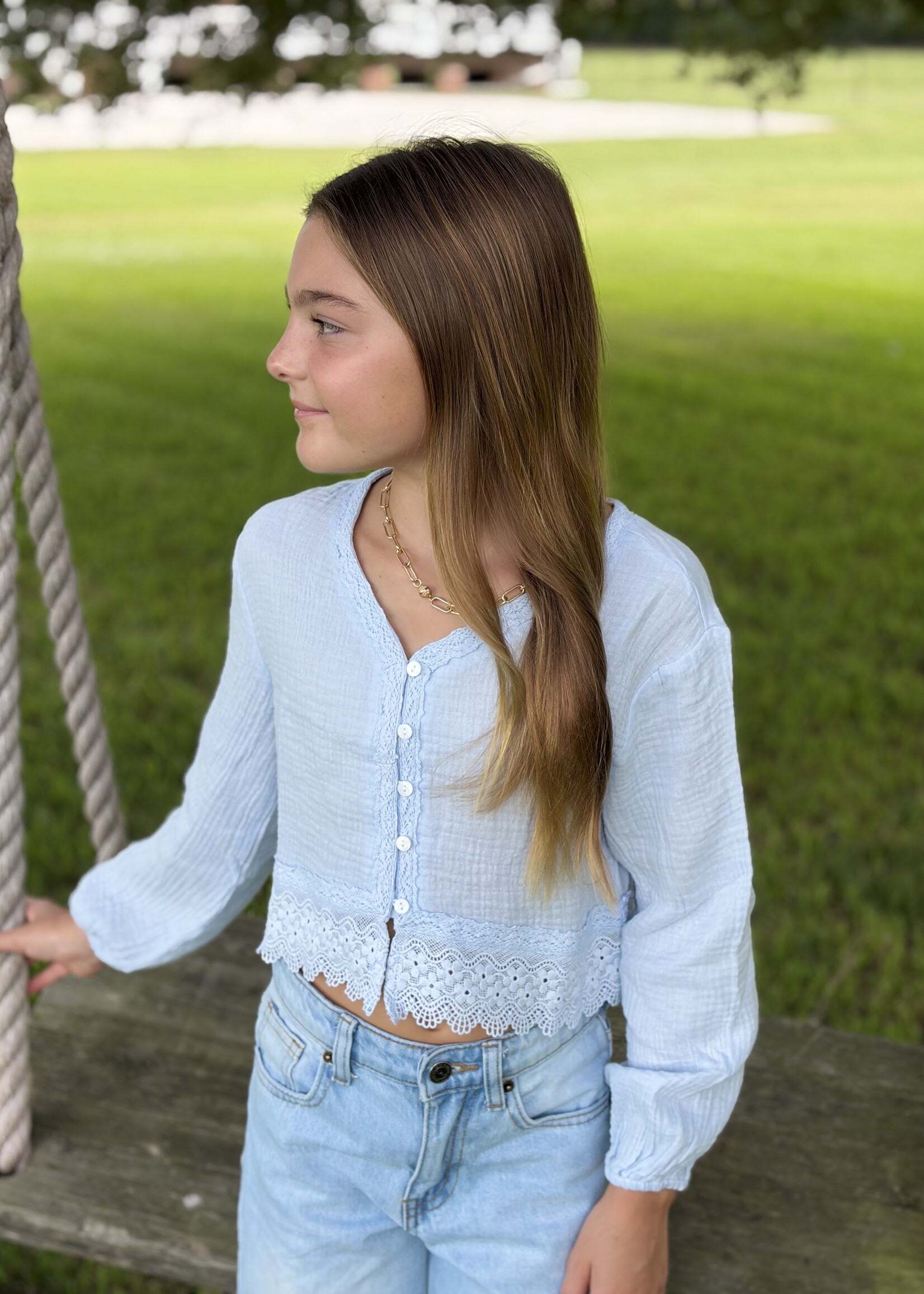 heart and arrow Blue Long Sleeve Lace Detail Cropped Top