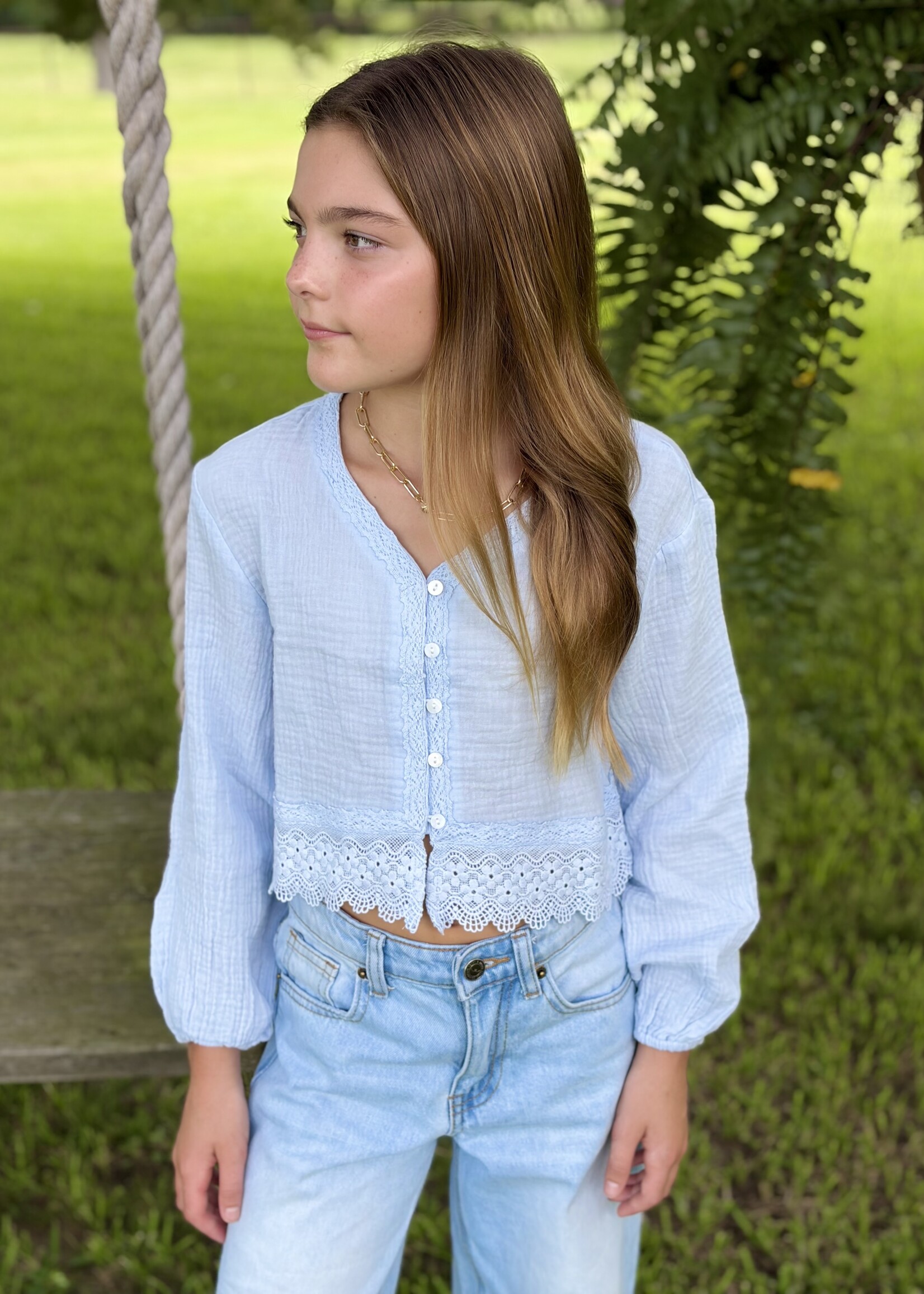 heart and arrow Blue Long Sleeve Lace Detail Cropped Top