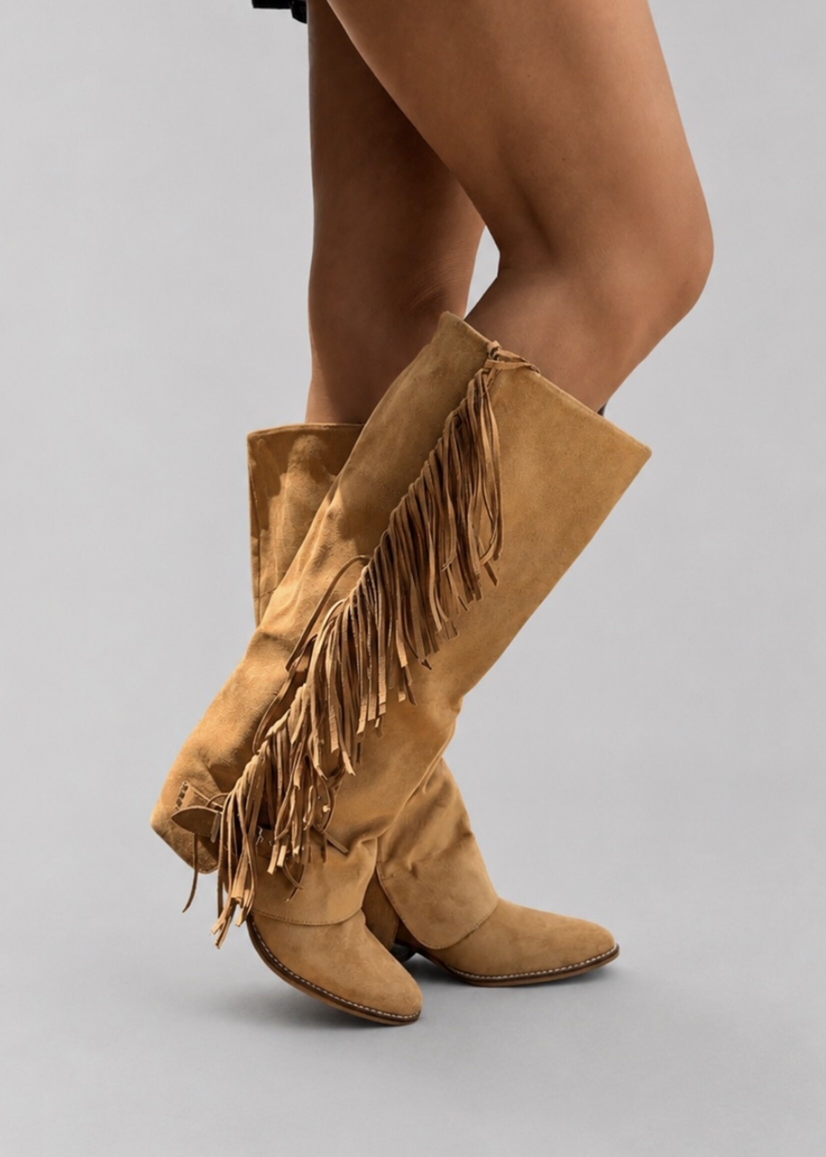 MiMi Shoes Camel Pointed Toe Fringe Cowboy Boots