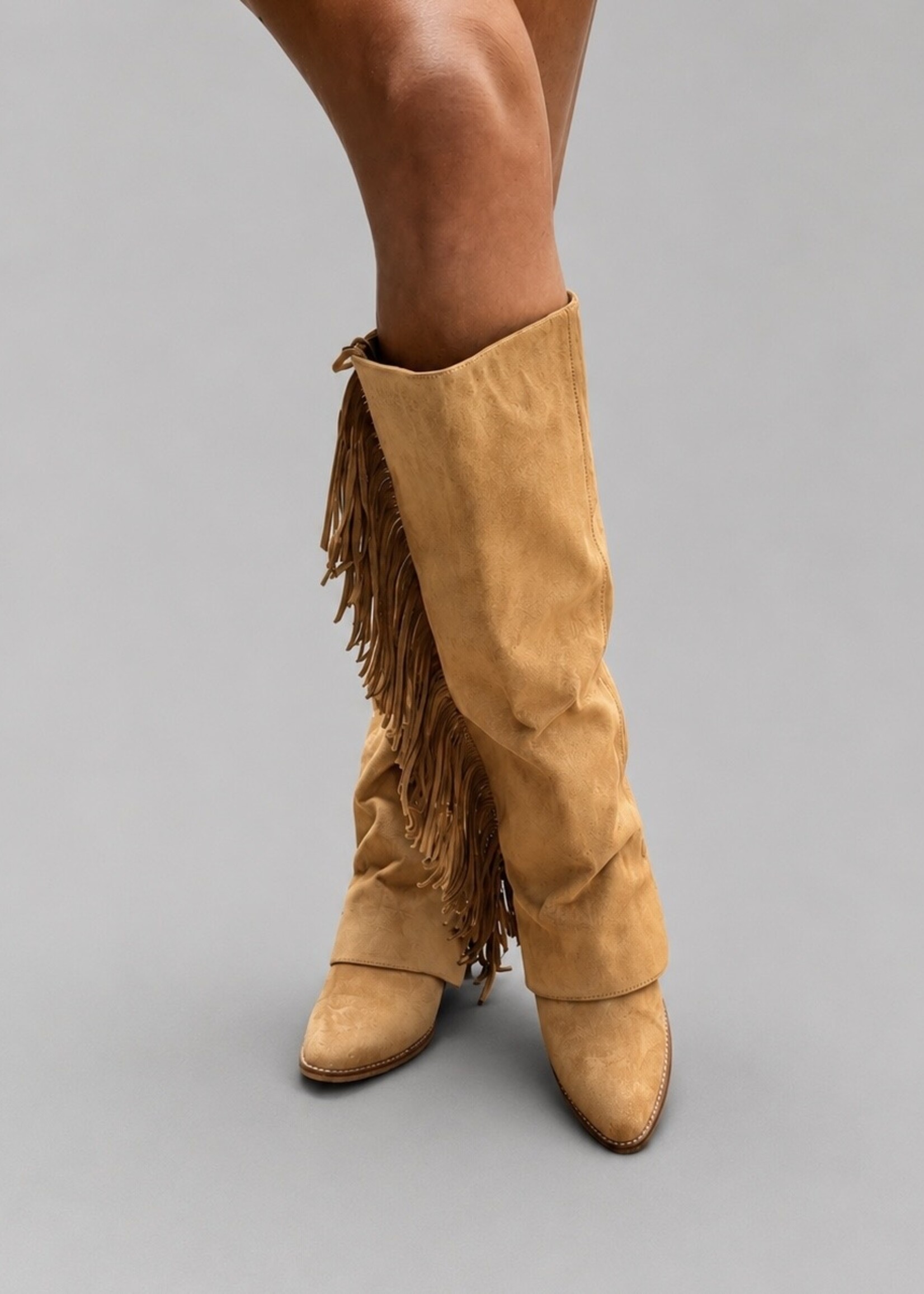 MiMi Shoes Camel Pointed Toe Fringe Cowboy Boots