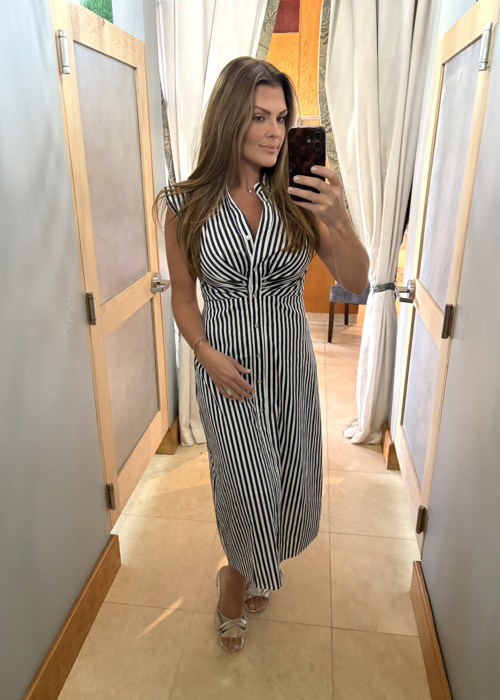 Pinch Navy & White Striped Button Down Midi Dress