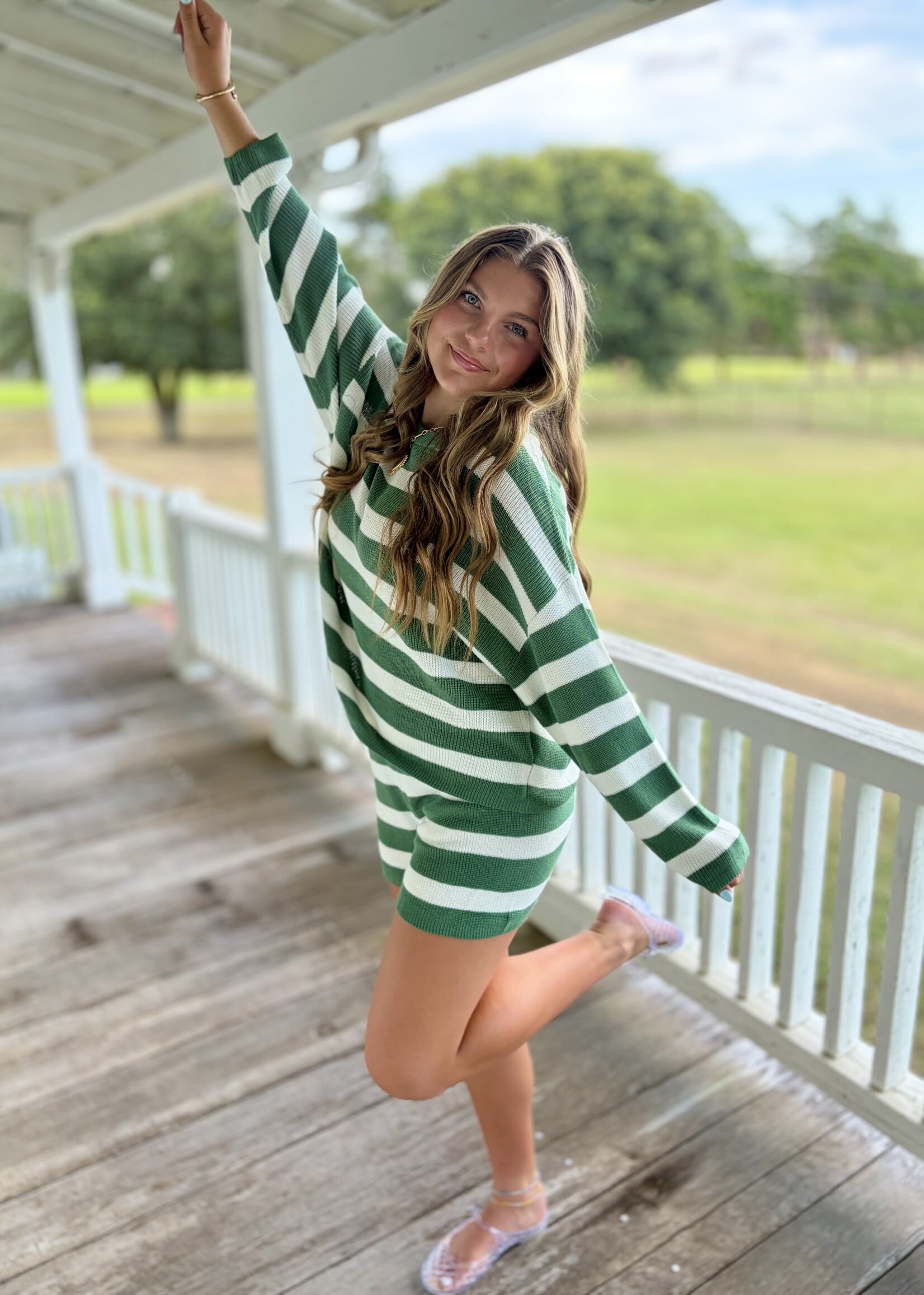 blu pepper Green & White Long Sleeve Knit Top