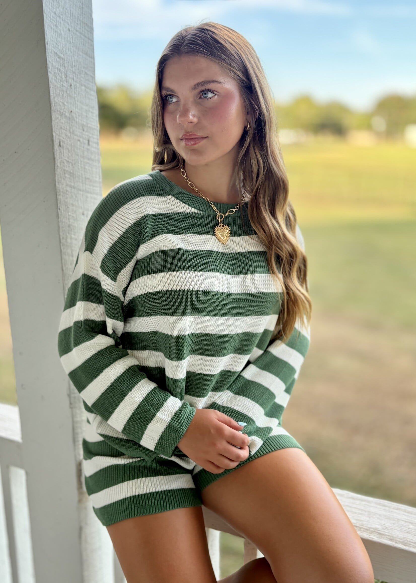 blu pepper Green & White Long Sleeve Knit Top
