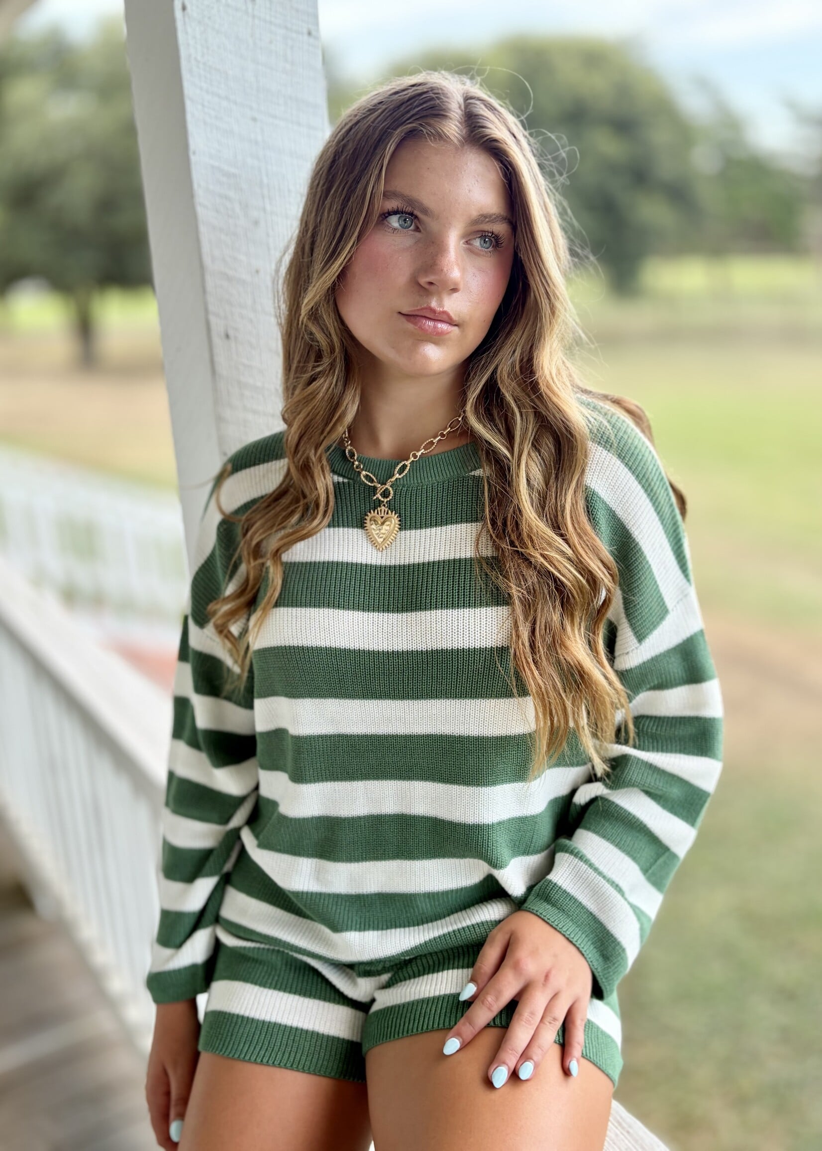 blu pepper Green & White Knit Shorts