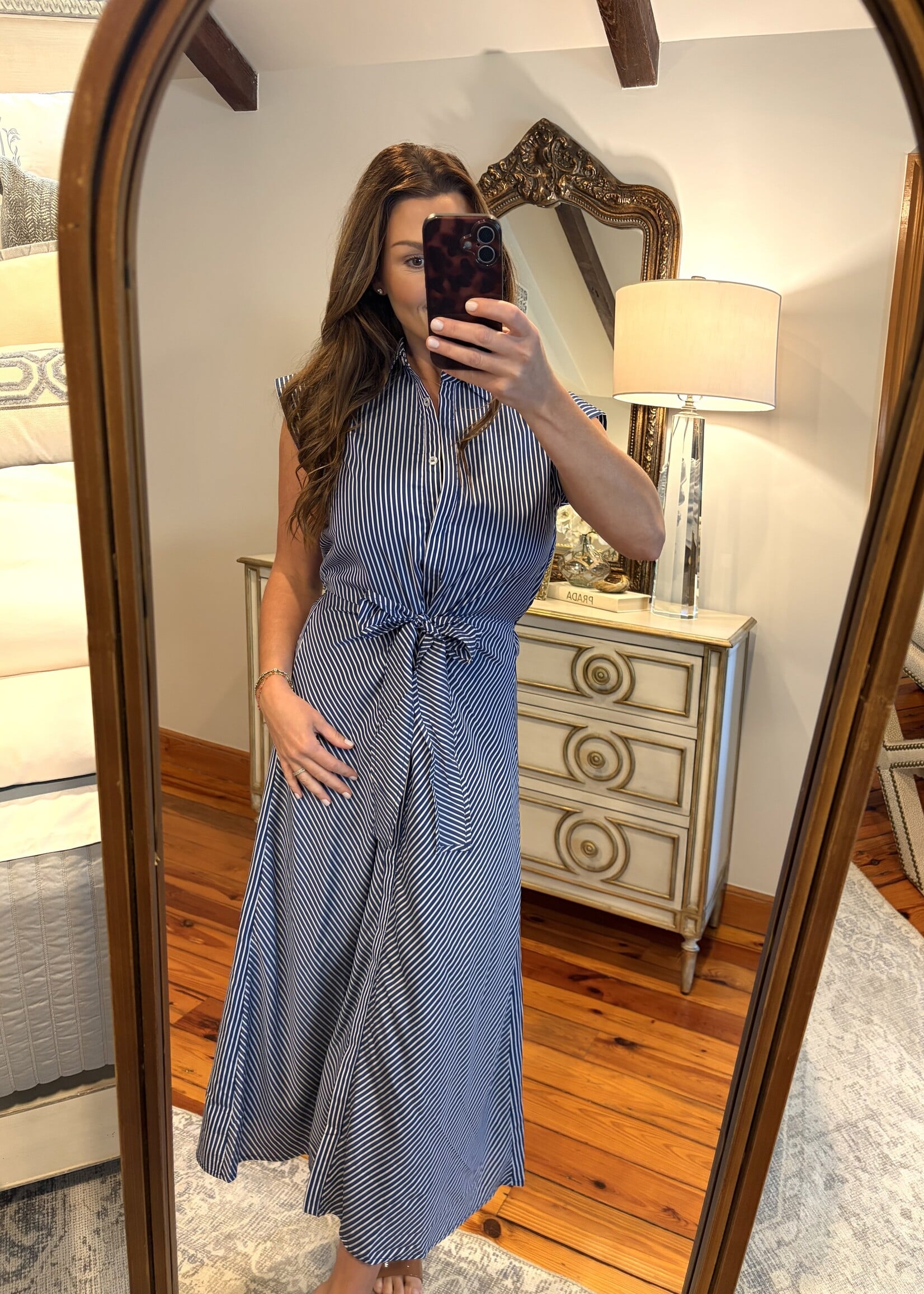 Aureum Blue & White Striped Midi Shirt Dress