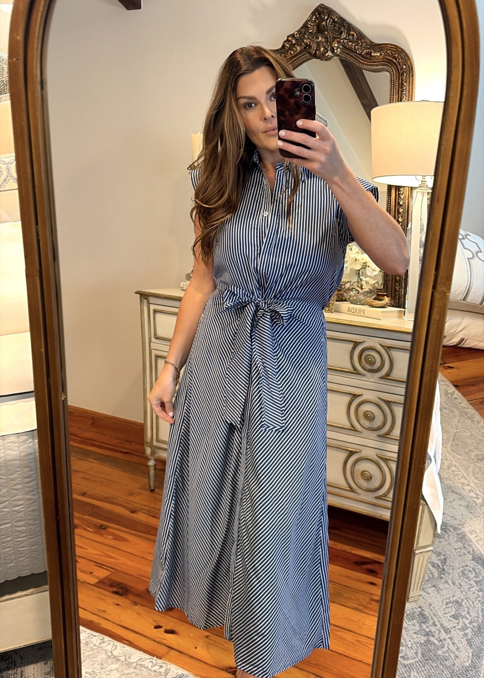 Aureum Blue & White Striped Midi Shirt Dress