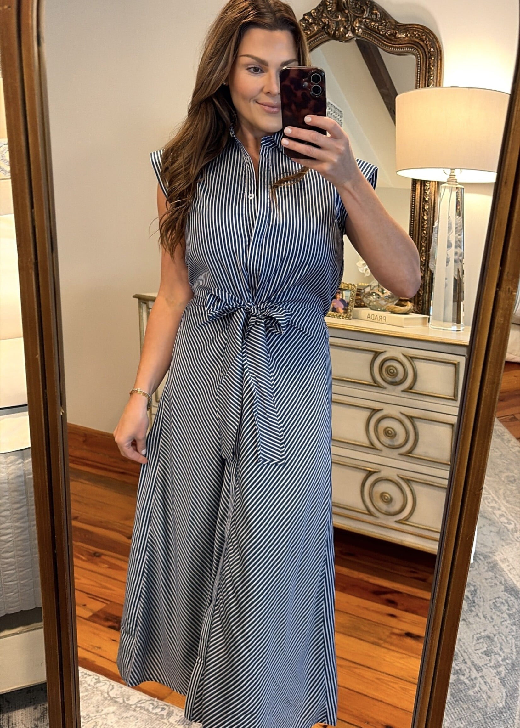 Aureum Blue & White Striped Midi Shirt Dress