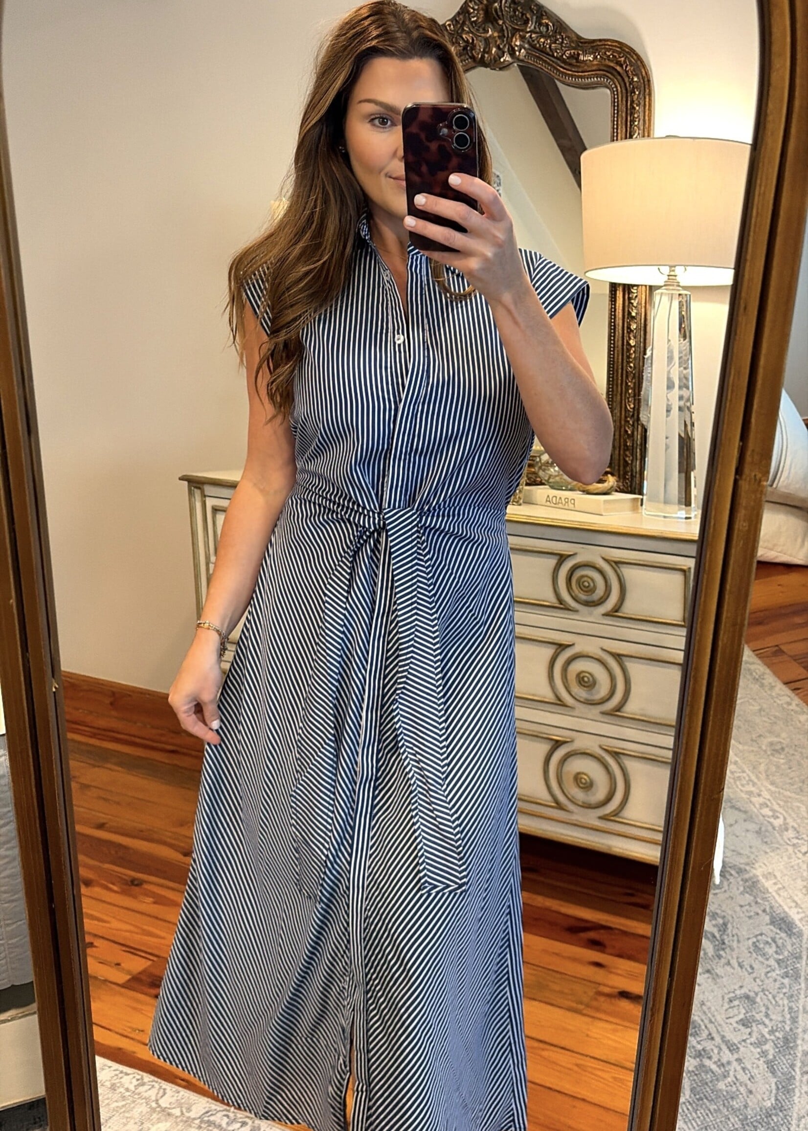 Aureum Blue & White Striped Midi Shirt Dress
