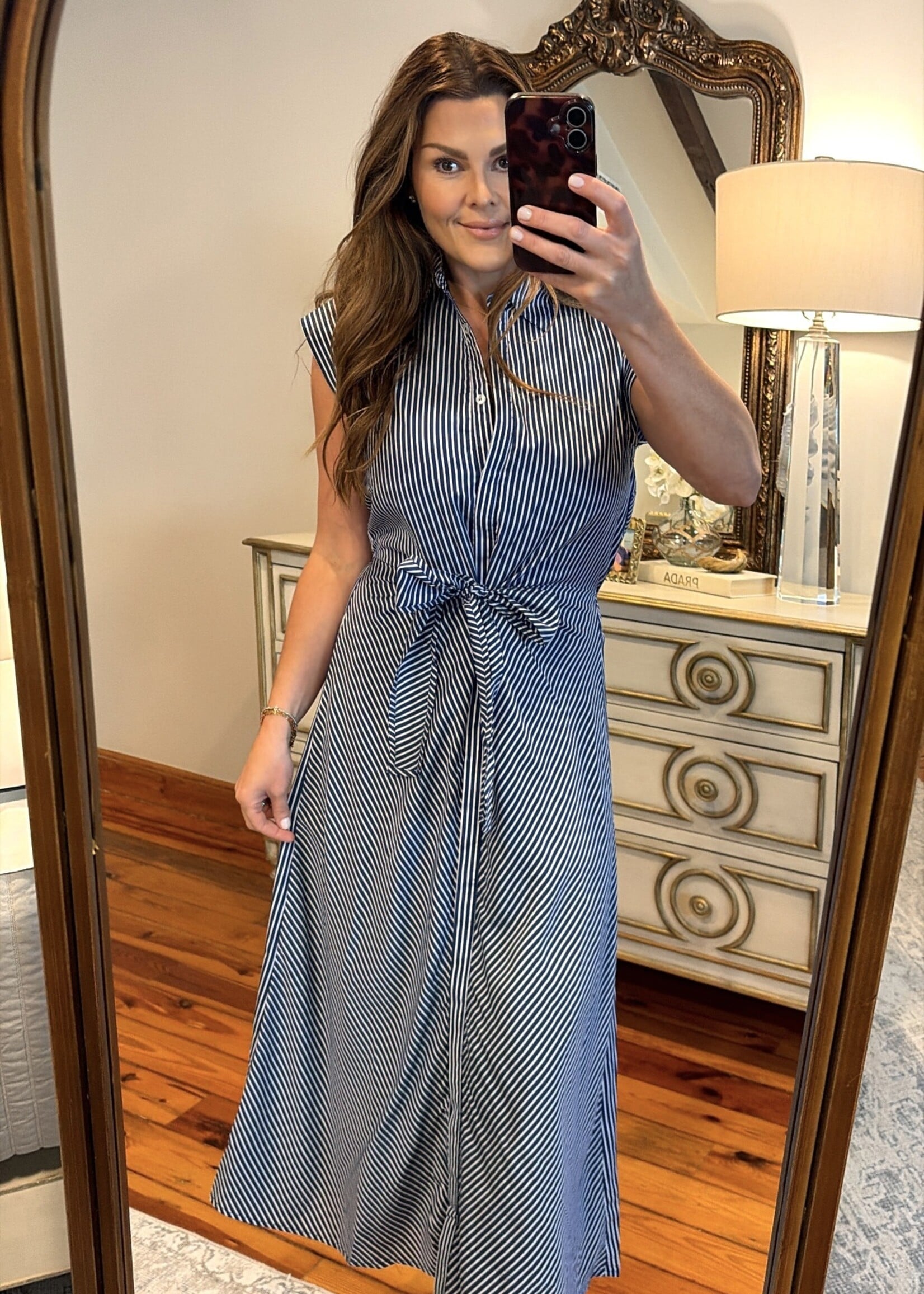 Aureum Blue & White Striped Midi Shirt Dress