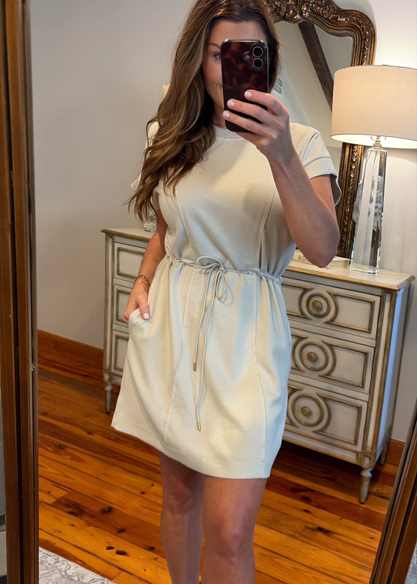 umgee Khaki Drawstring Short Sleeve Dress
