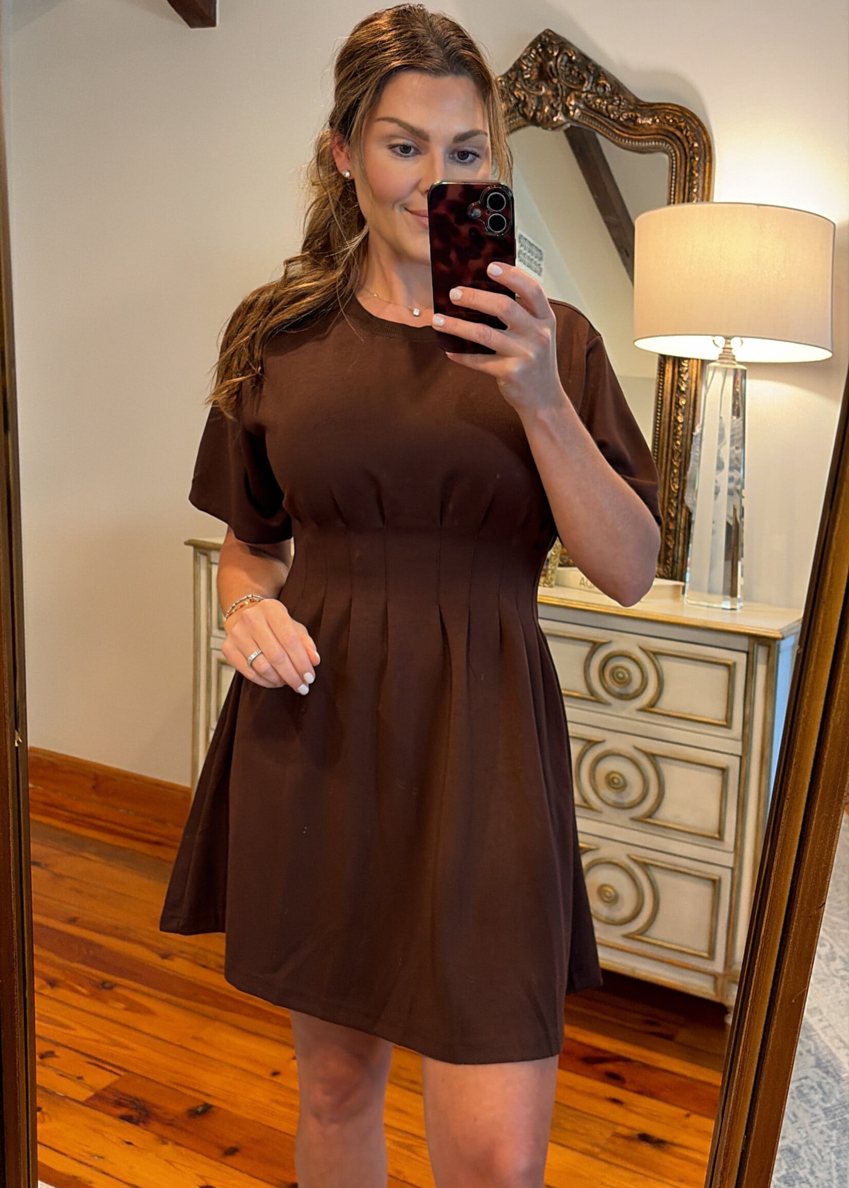 entro Brown Short Sleeve Pleated Dress