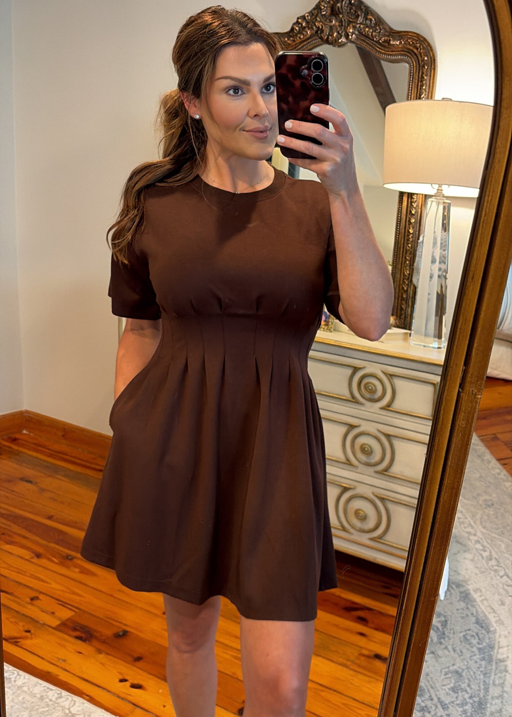 entro Brown Short Sleeve Pleated Dress