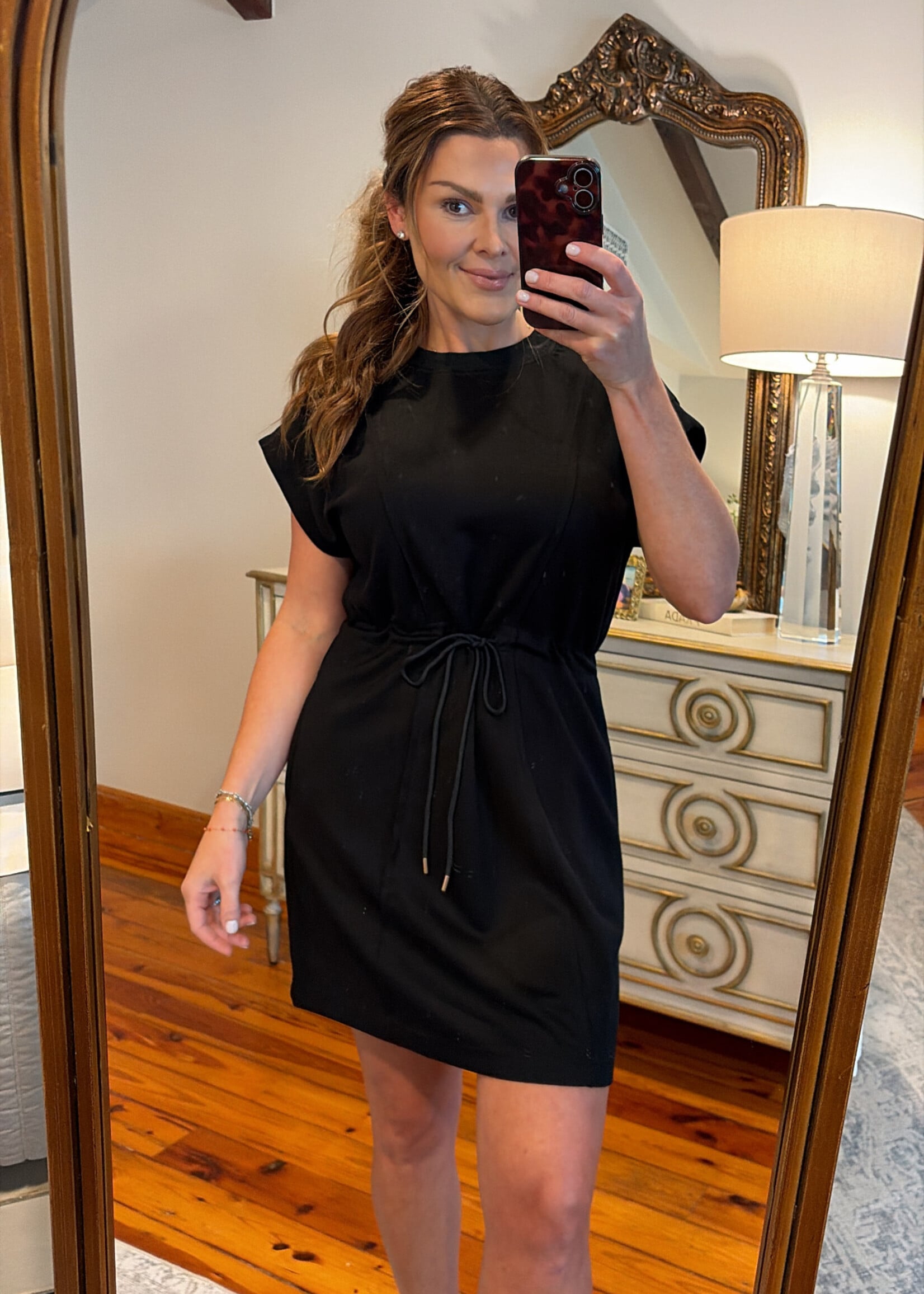 umgee Black Drawstring Short Sleeve Dress