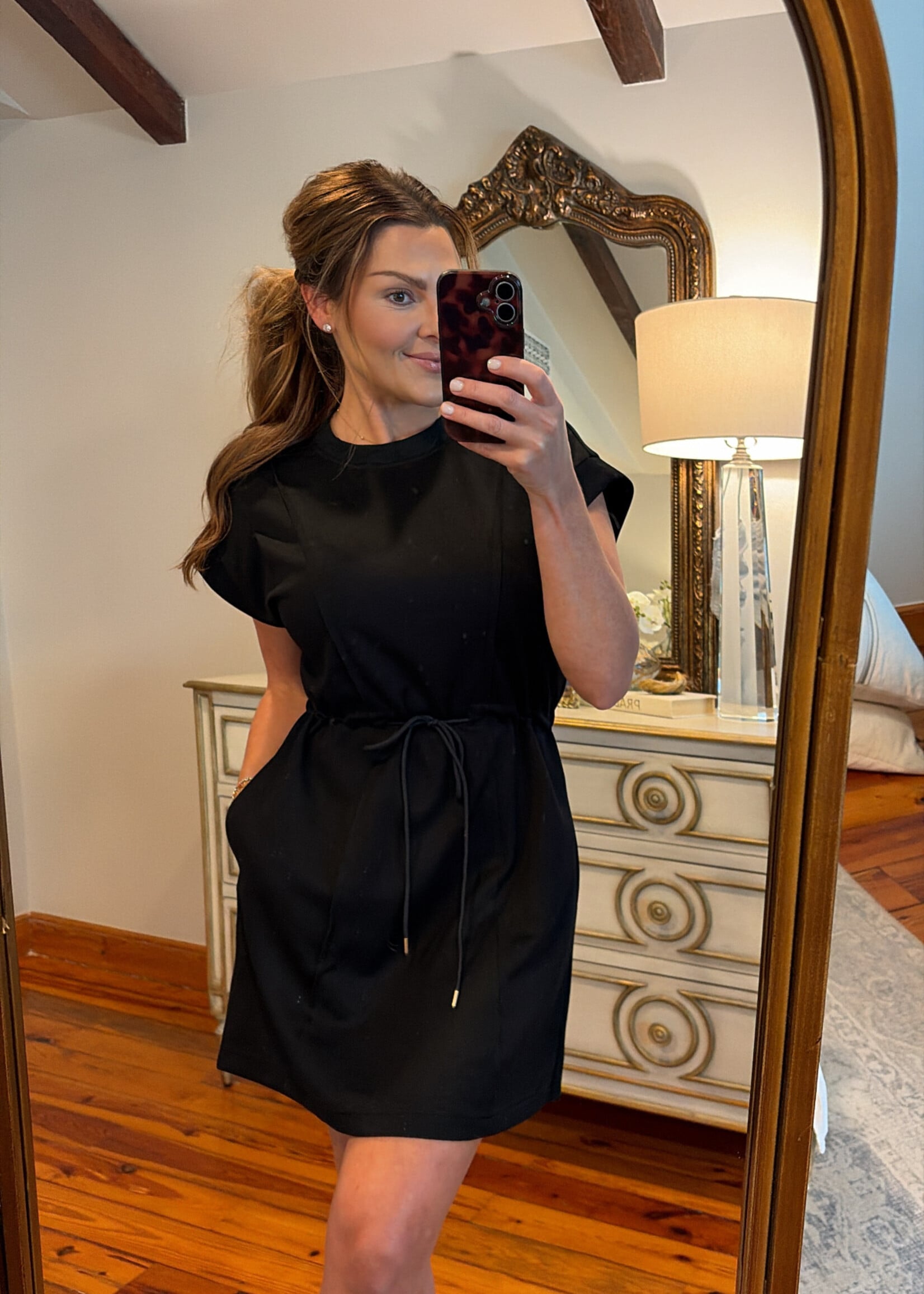 umgee Black Drawstring Short Sleeve Dress