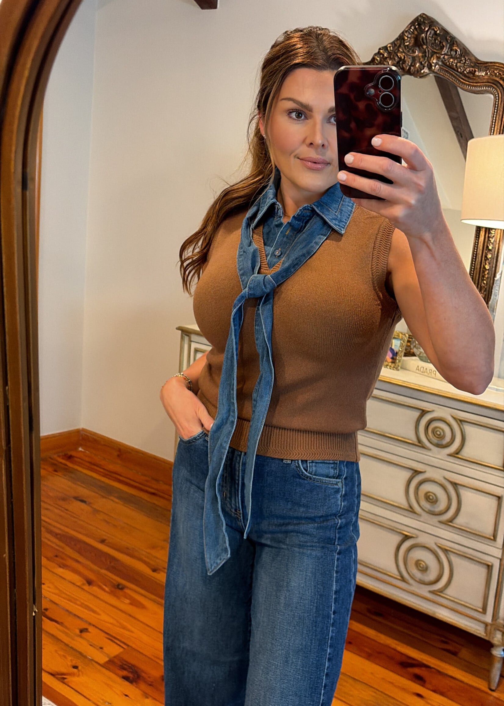 ee:some Brown Denim Tie Neck Sleeveless Top