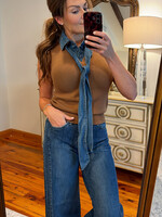 ee:some Brown Denim Tie Neck Sleeveless Top