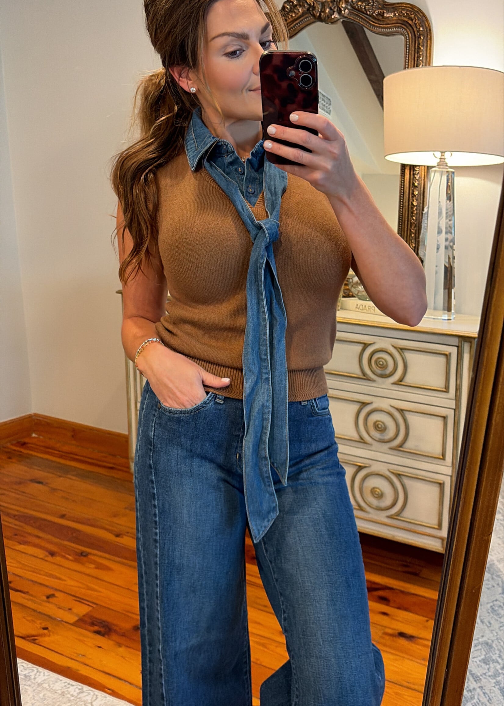 ee:some Brown Denim Tie Neck Sleeveless Top