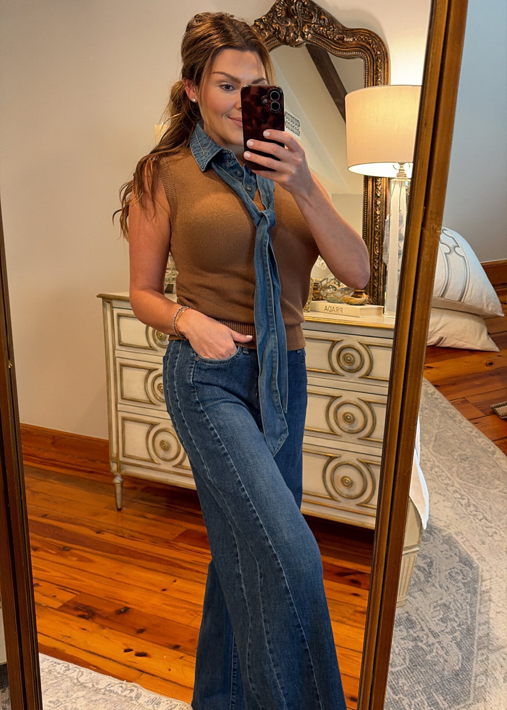 ee:some Brown Denim Tie Neck Sleeveless Top