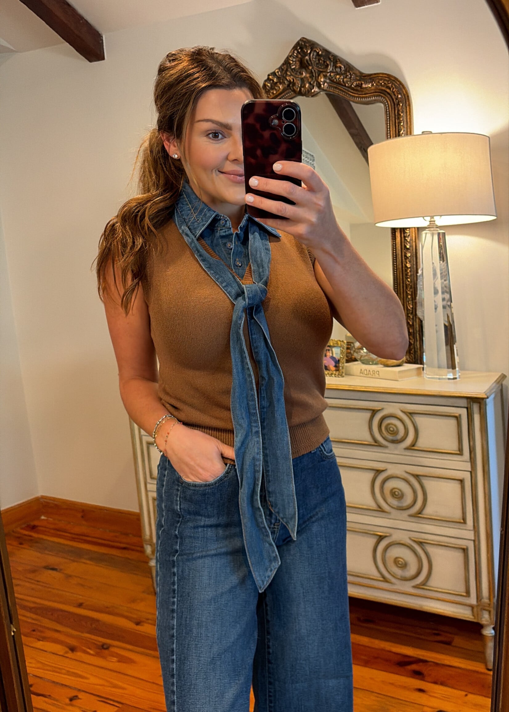 ee:some Brown Denim Tie Neck Sleeveless Top