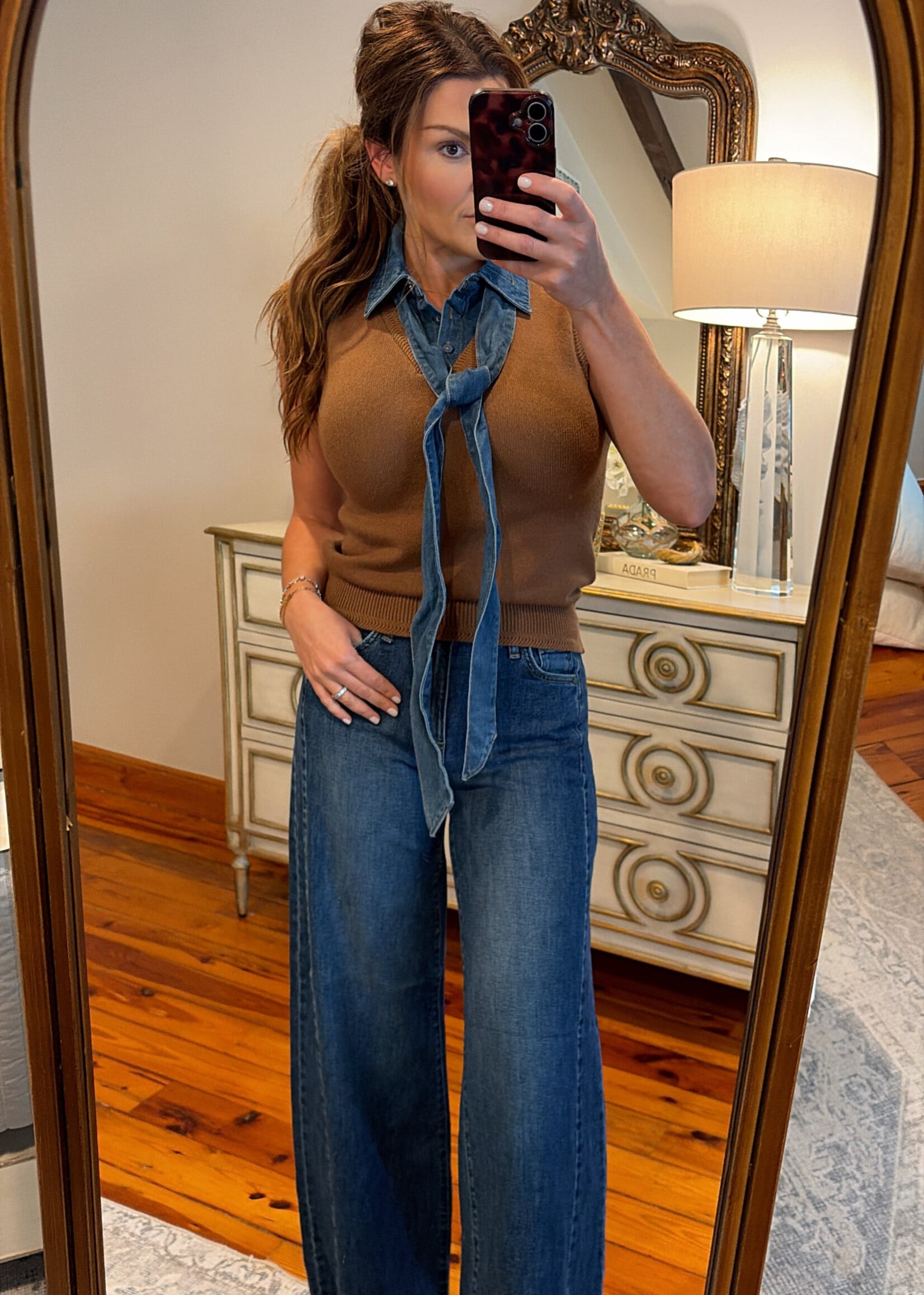 ee:some Brown Denim Tie Neck Sleeveless Top
