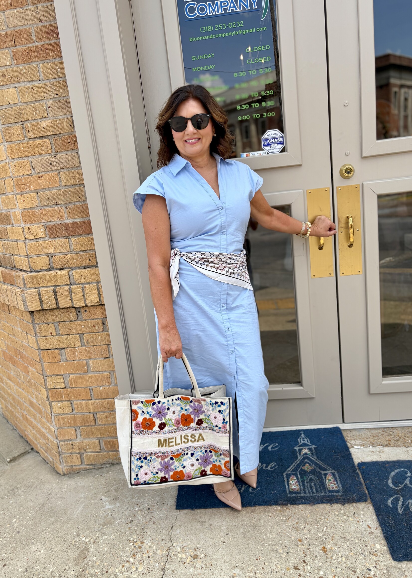 THML Blue Short Sleeve Button Down Midi Dress