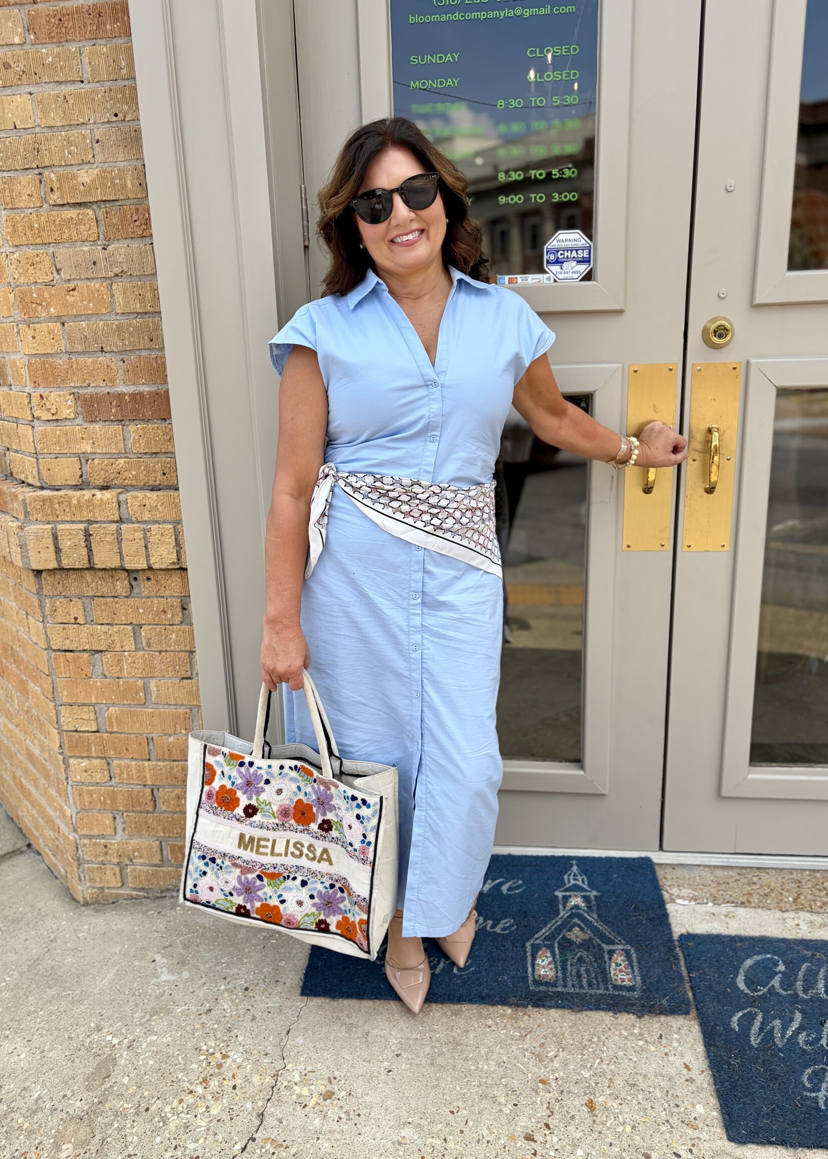 THML Blue Short Sleeve Button Down Midi Dress