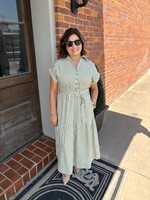 She + Sky Green Short Sleeve Striped Collared Belted Midi