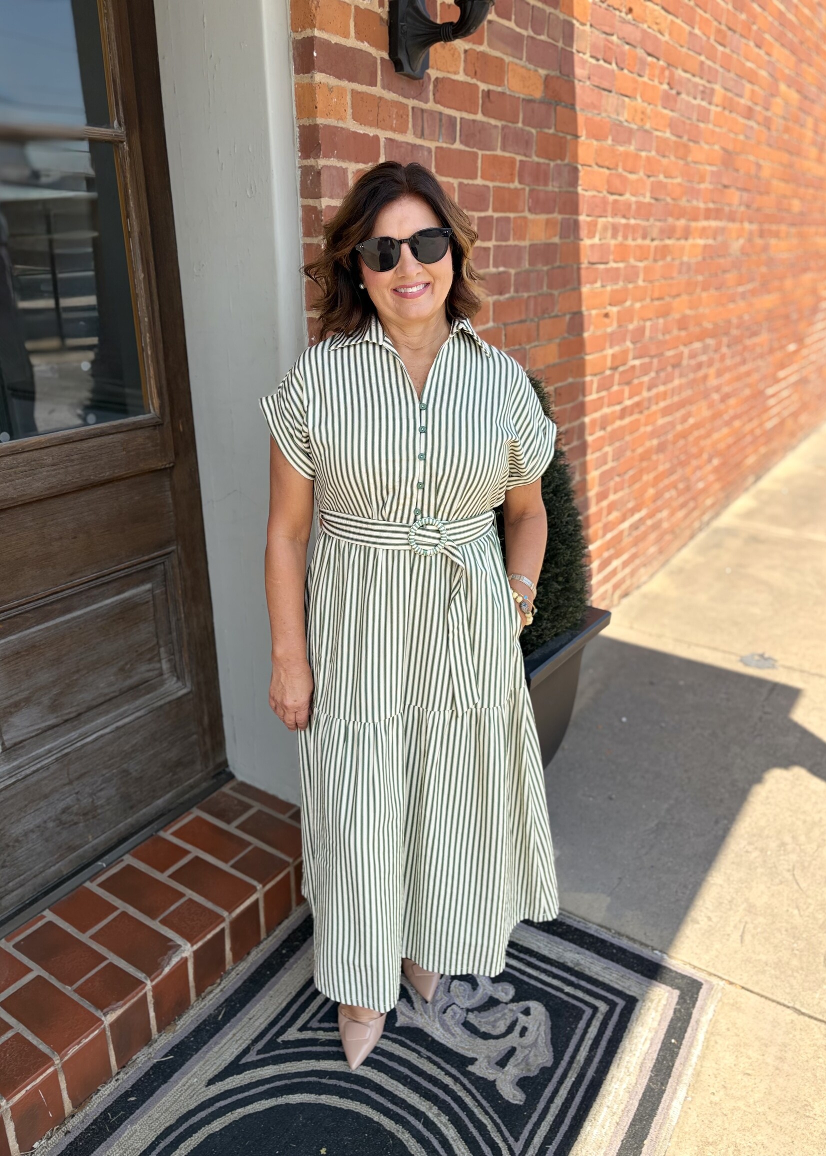 She + Sky Green Short Sleeve Striped Collared Belted Midi