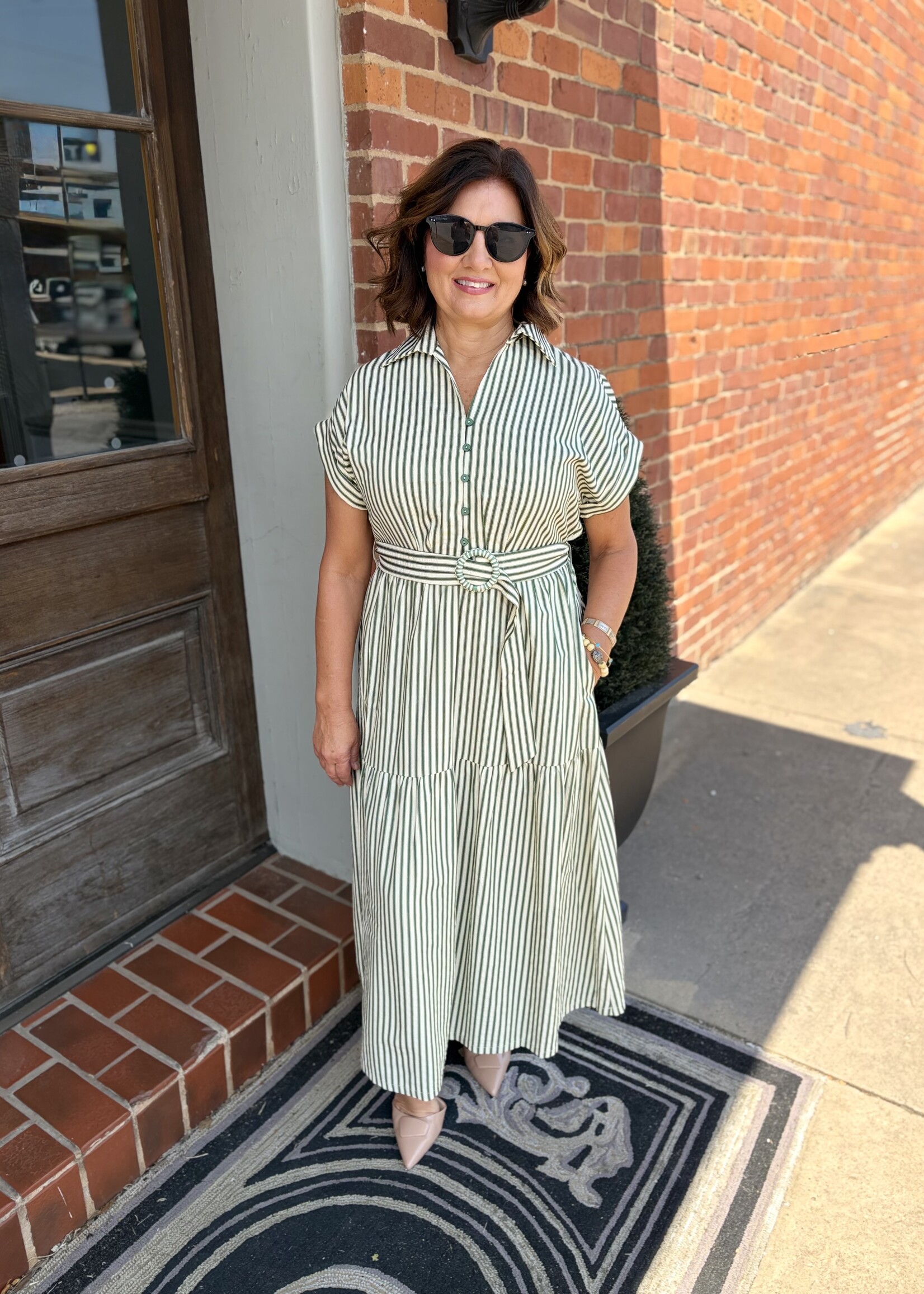 She + Sky Green Short Sleeve Striped Collared Belted Midi