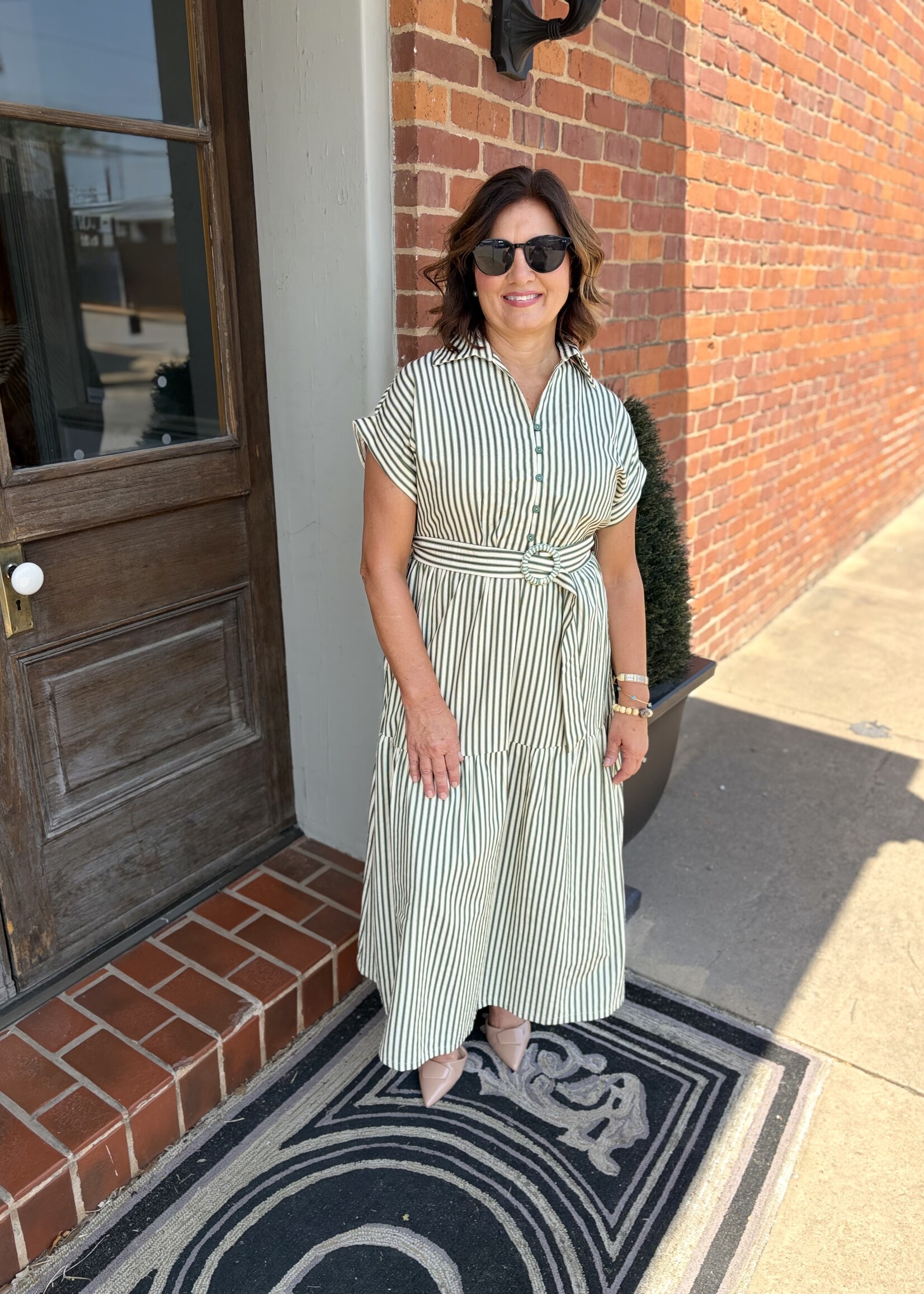 She + Sky Green Short Sleeve Striped Collared Belted Midi