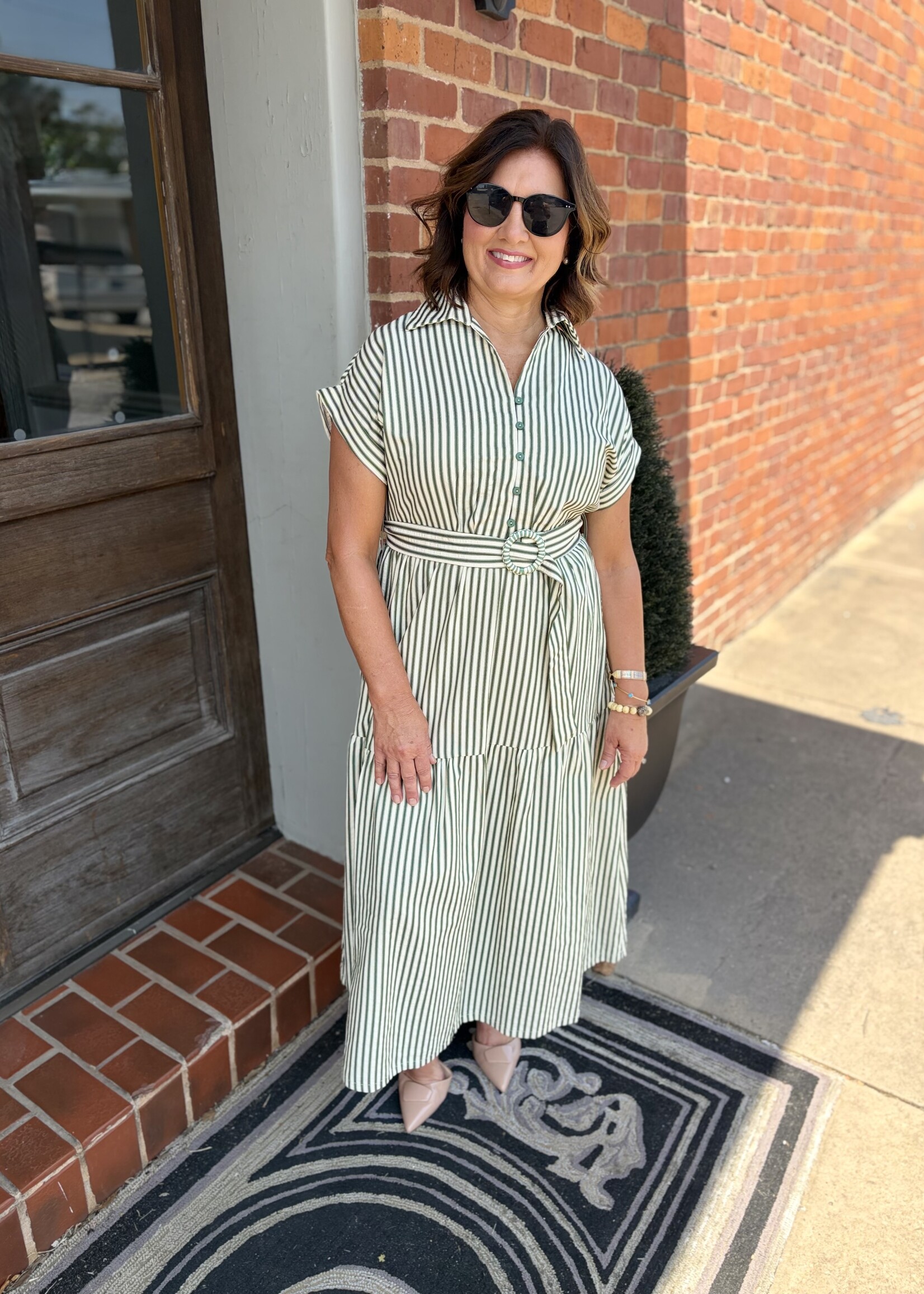 She + Sky Green Short Sleeve Striped Collared Belted Midi