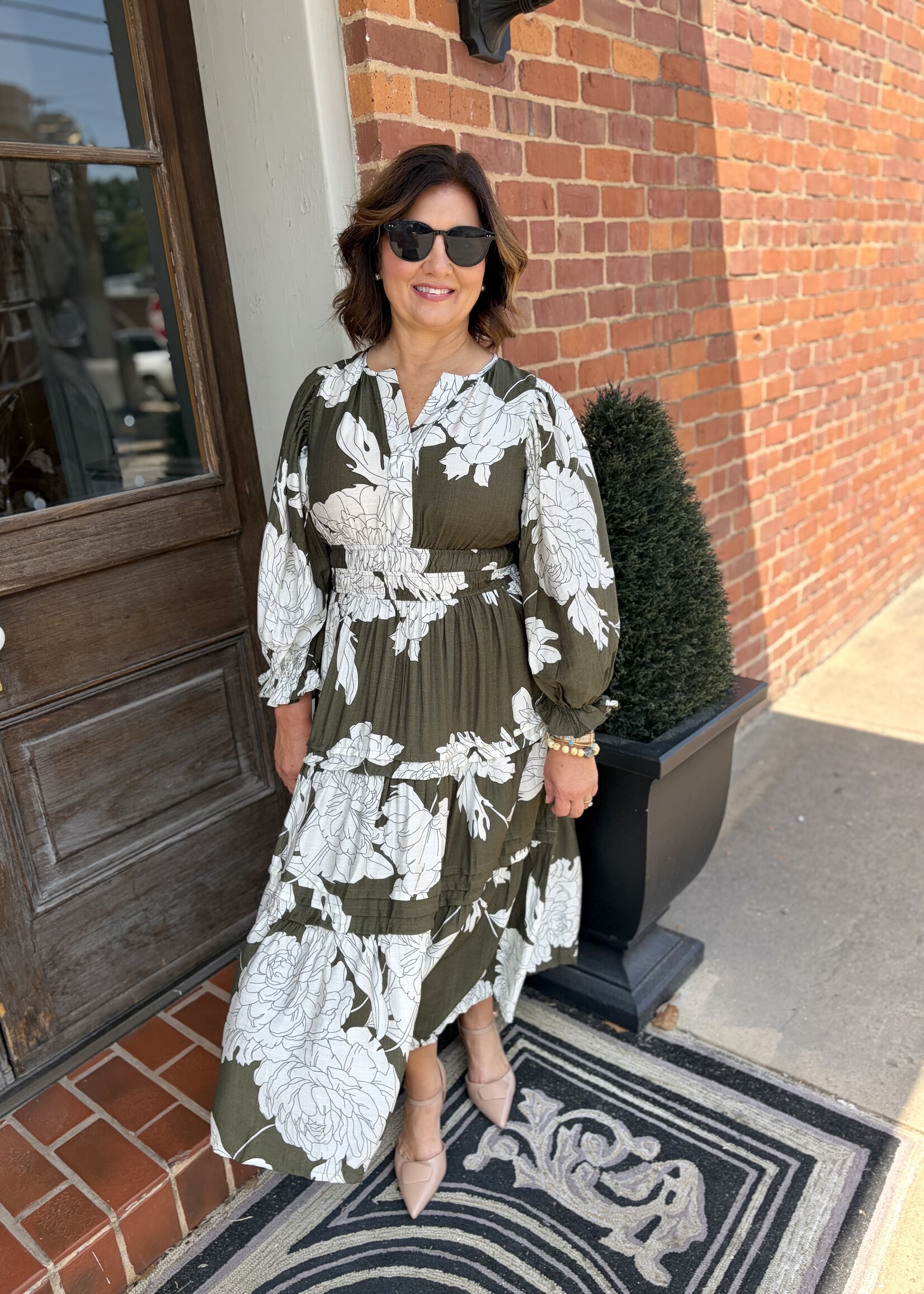 She + Sky Green 3/4 Sleeve Pin Tuck Tiered Floral Print Midi