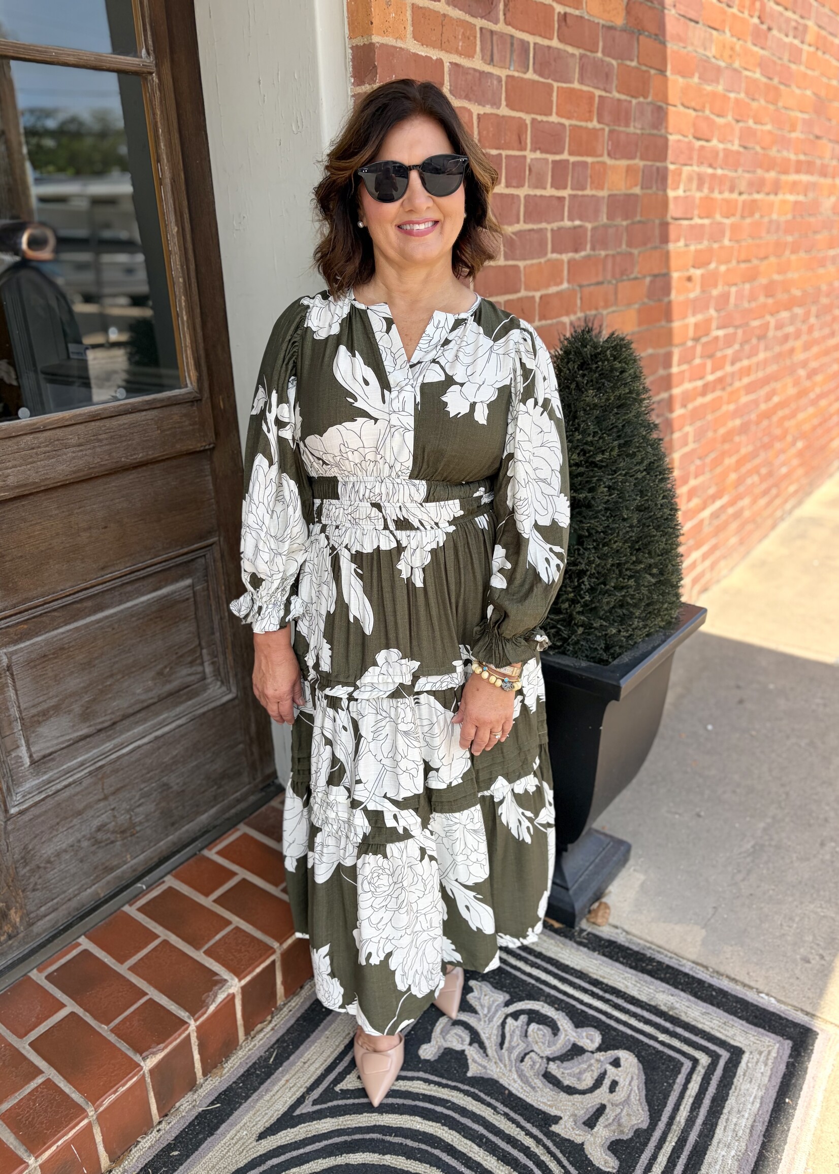 She + Sky Green 3/4 Sleeve Pin Tuck Tiered Floral Print Midi