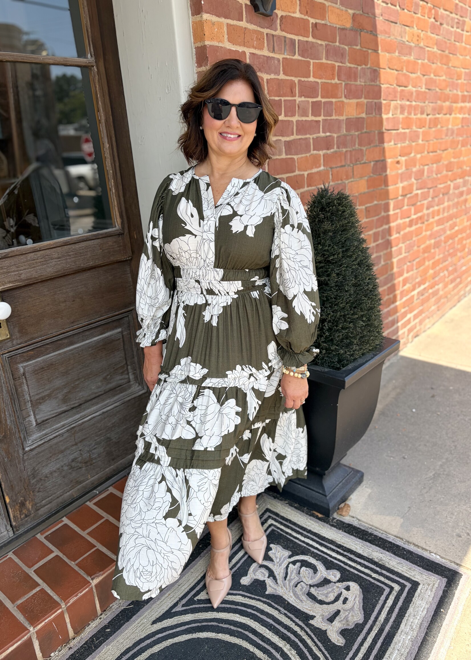 She + Sky Green 3/4 Sleeve Pin Tuck Tiered Floral Print Midi