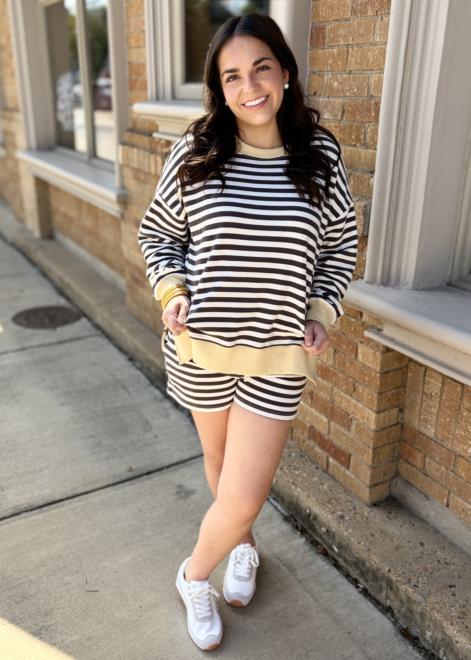 blu pepper Grey & Yellow Striped Knit Set
