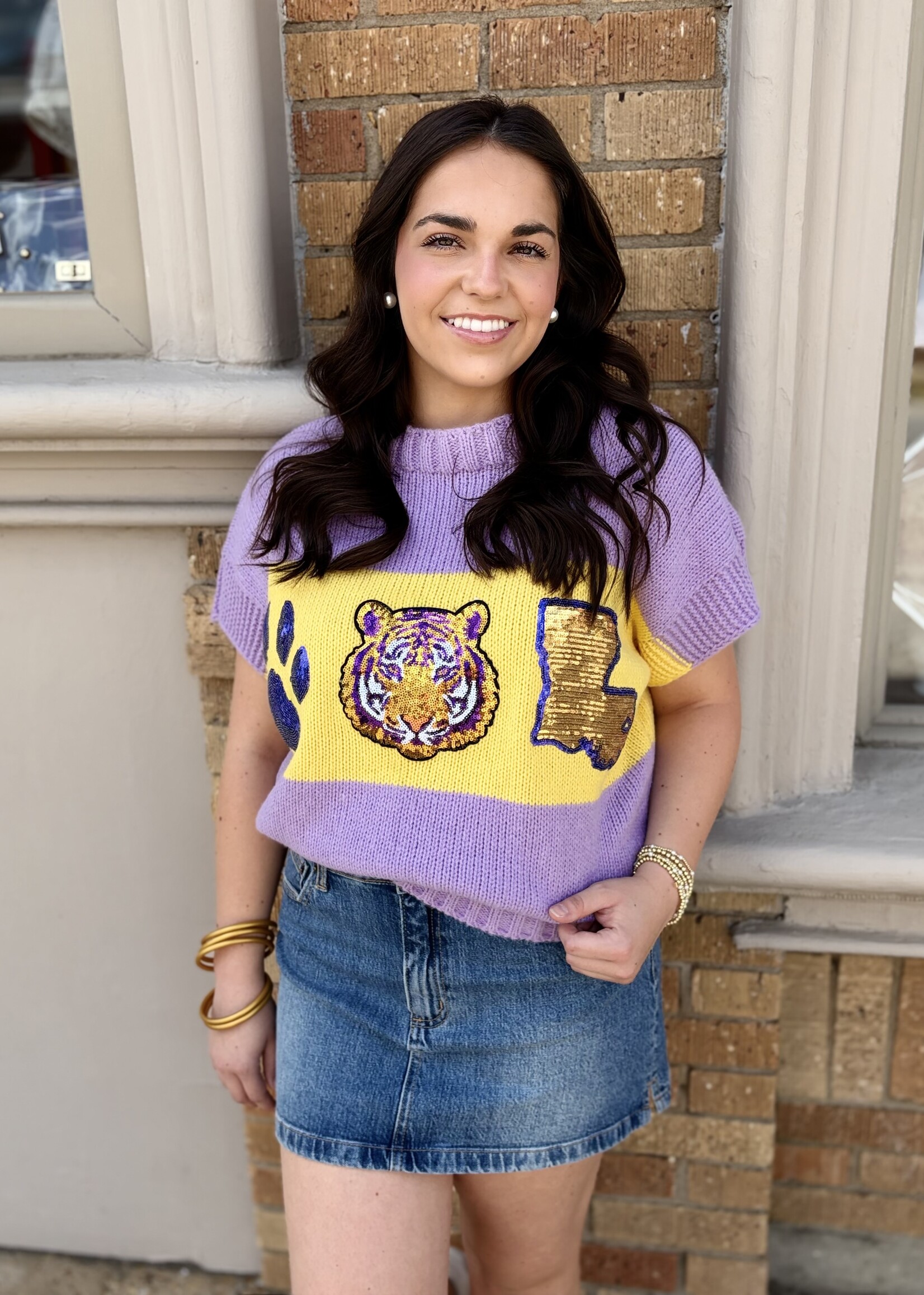 SongLily Purple & Gold Tiger Icon Sweater Vest